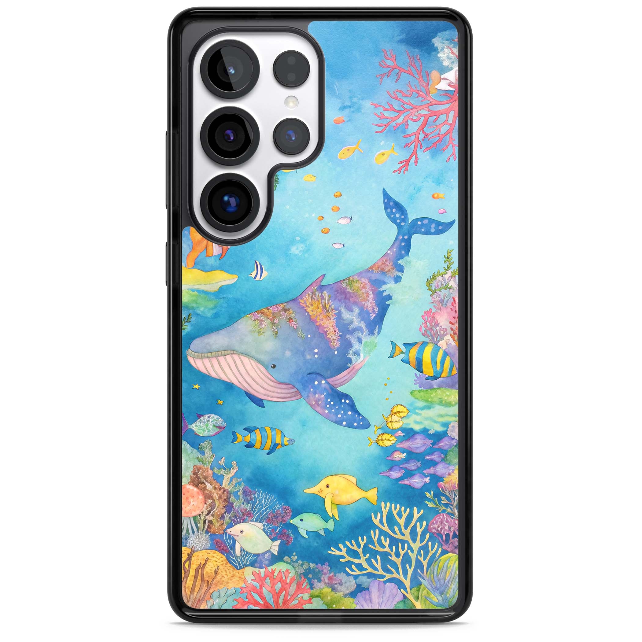 Coral Lagoon ocean iPhone case featuring a watercolour whale, coral reef and tropical fish | Black Impact case for Samsung Galaxy S25 Ultra