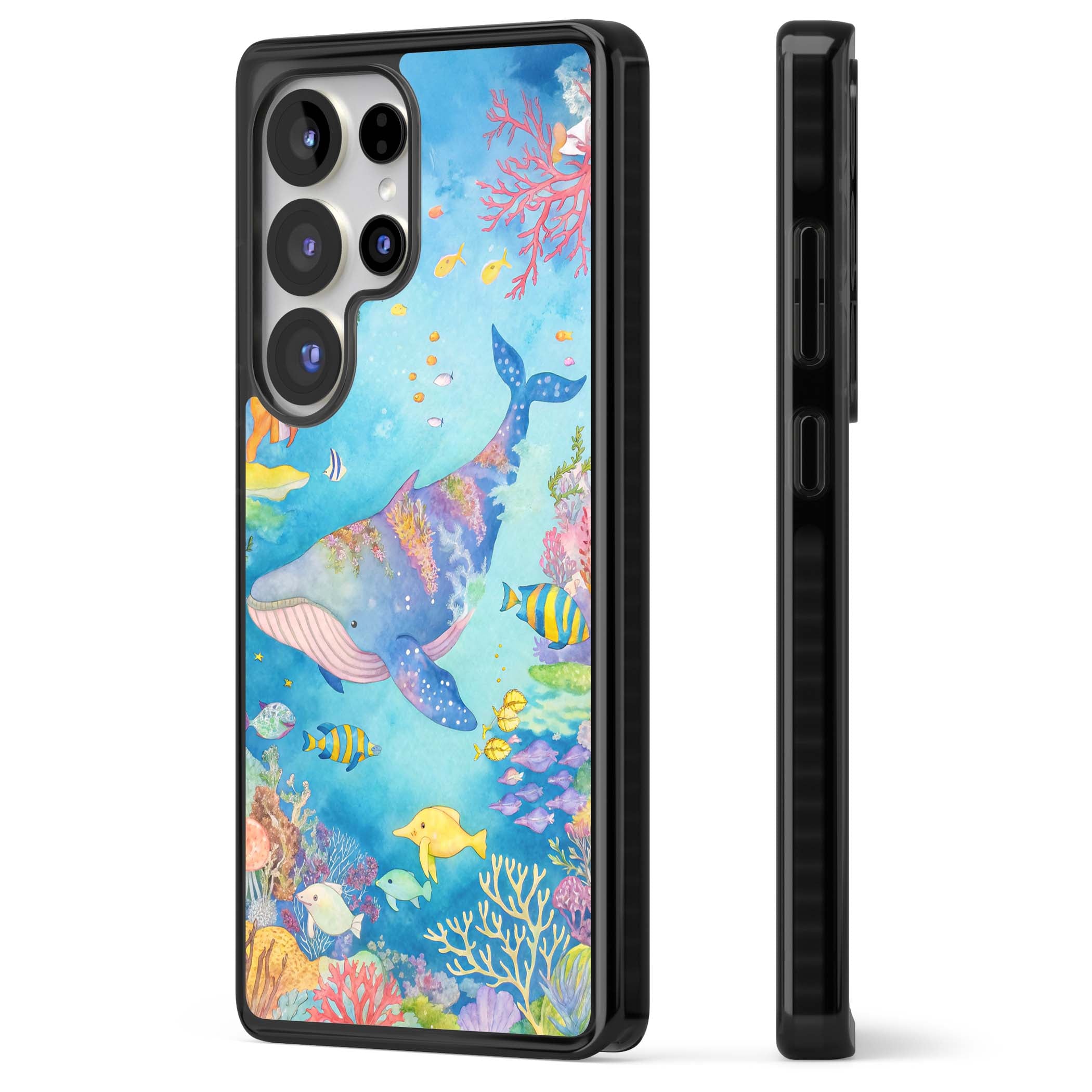 Coral Lagoon ocean iPhone case featuring a watercolour whale, coral reef and tropical fish | Black Impact case for Samsung Galaxy S25 Ultra