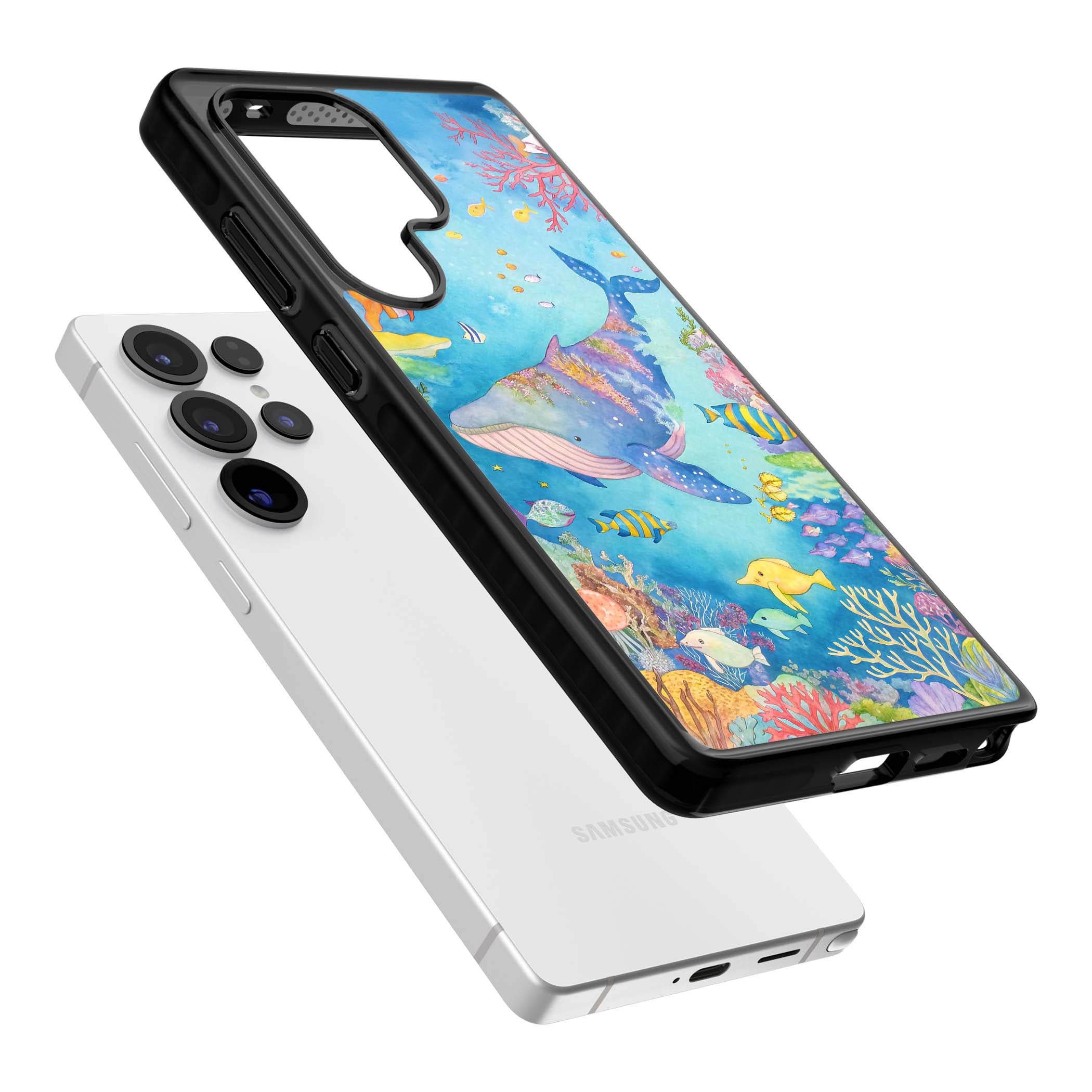Coral Lagoon ocean iPhone case featuring a watercolour whale, coral reef and tropical fish | Black Impact case for Samsung Galaxy S25 Ultra