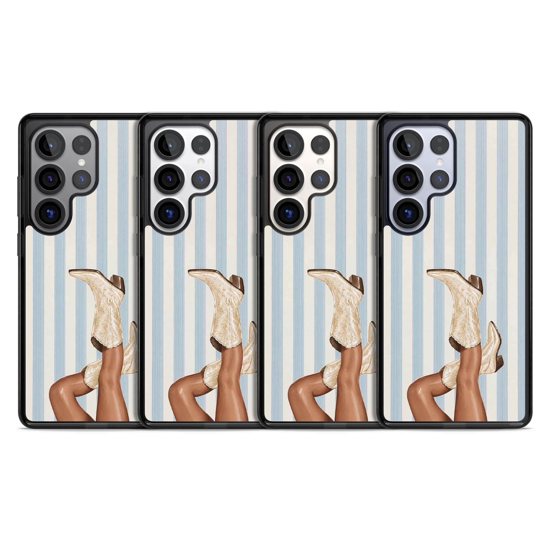 Cowgirl Boots coastal cowgirl iPhone case featuring embroidered western boots, tanned legs and a blue stripe backdrop | Black Impact case for Samsung Galaxy S25 Ultra