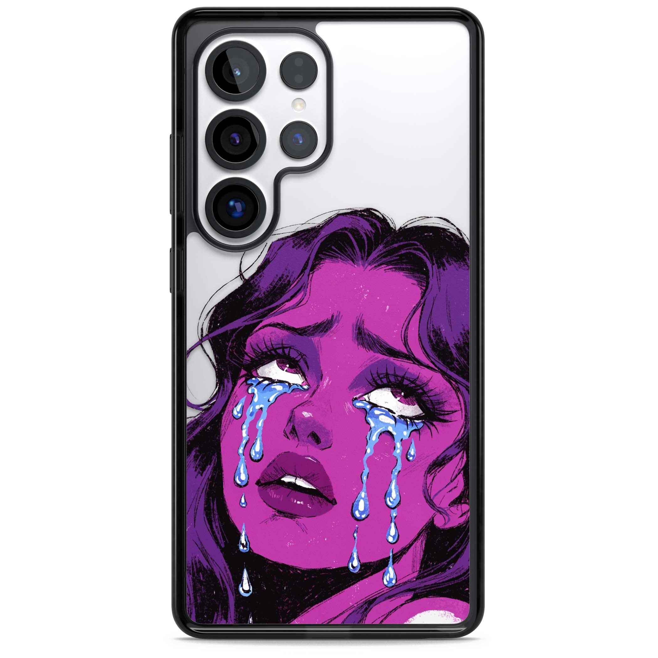 Drama Queen pop art iPhone case featuring a purple crying comic girl with blue tears | Black Impact case for Samsung Galaxy S25 Ultra