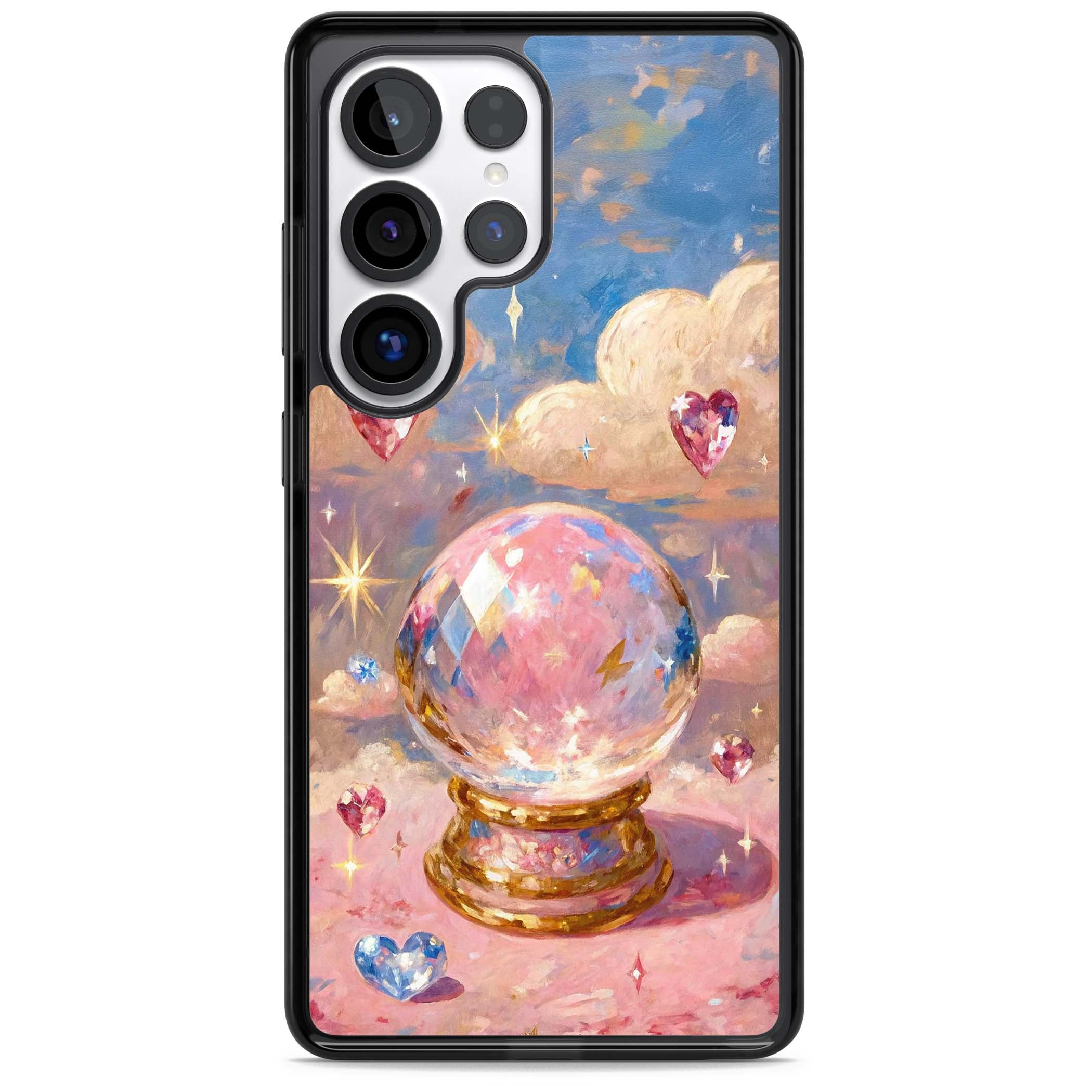 Crystal Ball fairycore iPhone case featuring a painted crystal ball, heart gemstones, and pastel clouds | Black Impact case for Samsung Galaxy S25 Ultra