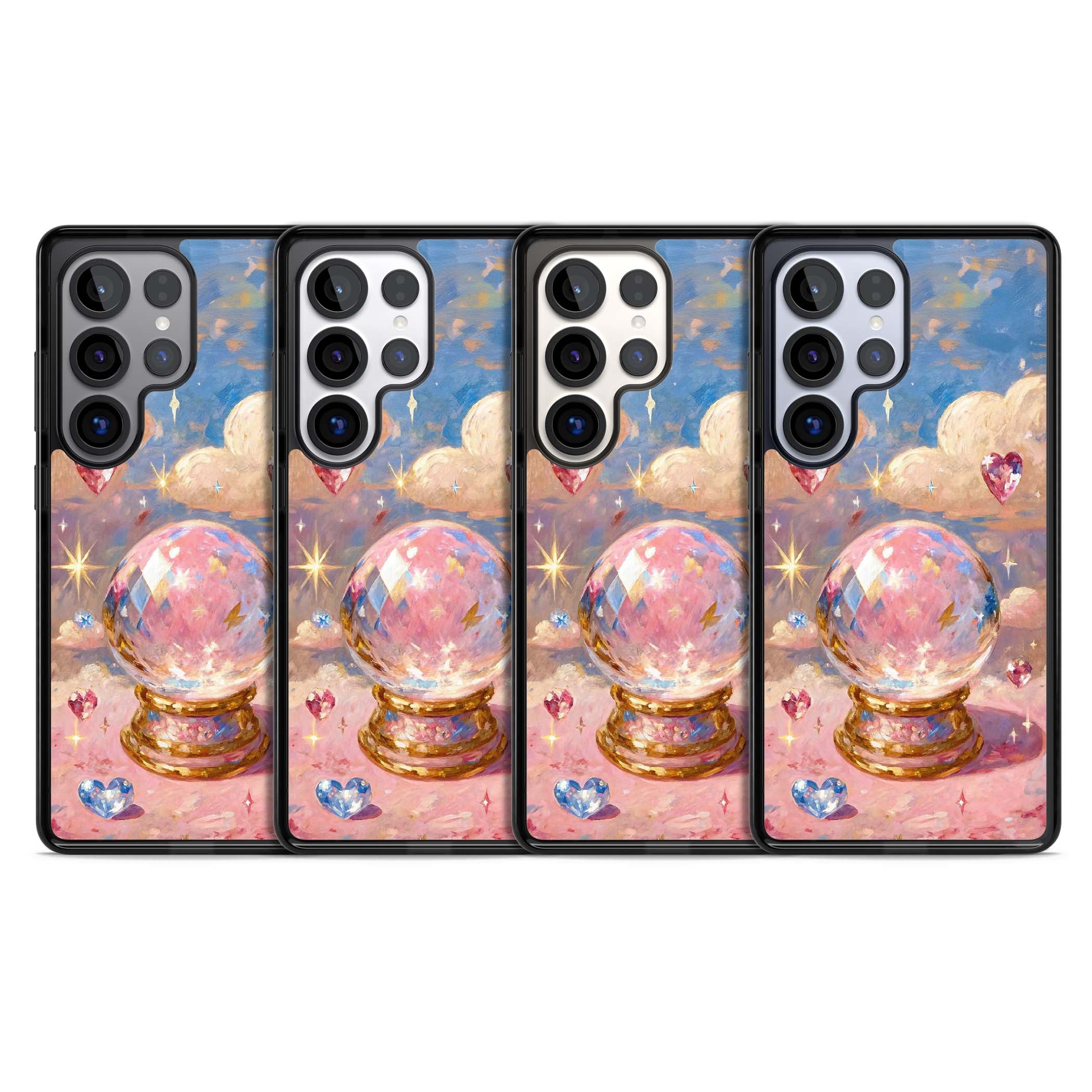 Crystal Ball fairycore iPhone case featuring a painted crystal ball, heart gemstones, and pastel clouds | Black Impact case for Samsung Galaxy S25 Ultra