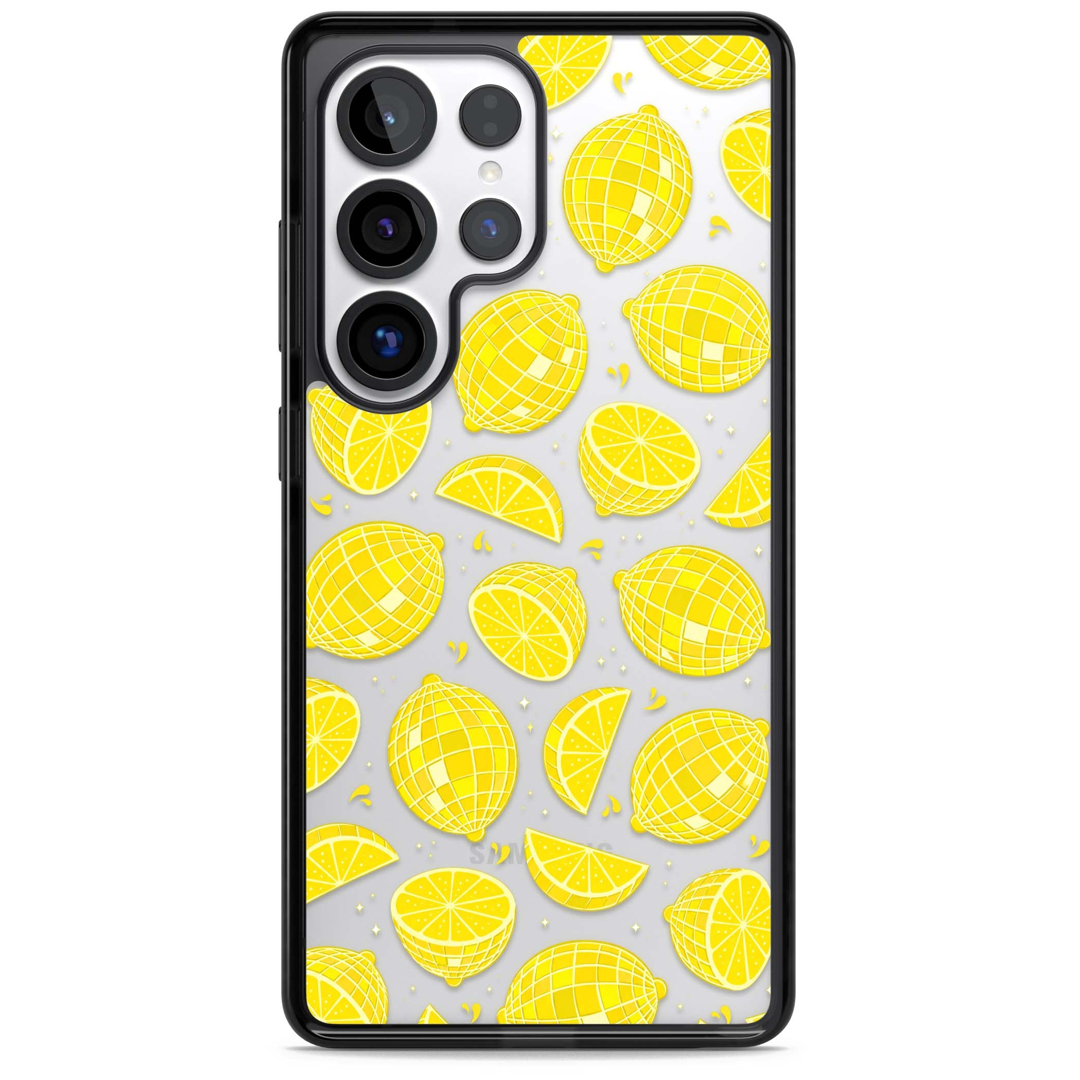 Disco Lemons citrus iPhone case featuring mirrorball lemons, sliced fruit and sparkle accents | Black Impact case for Samsung Galaxy S25 Ultra