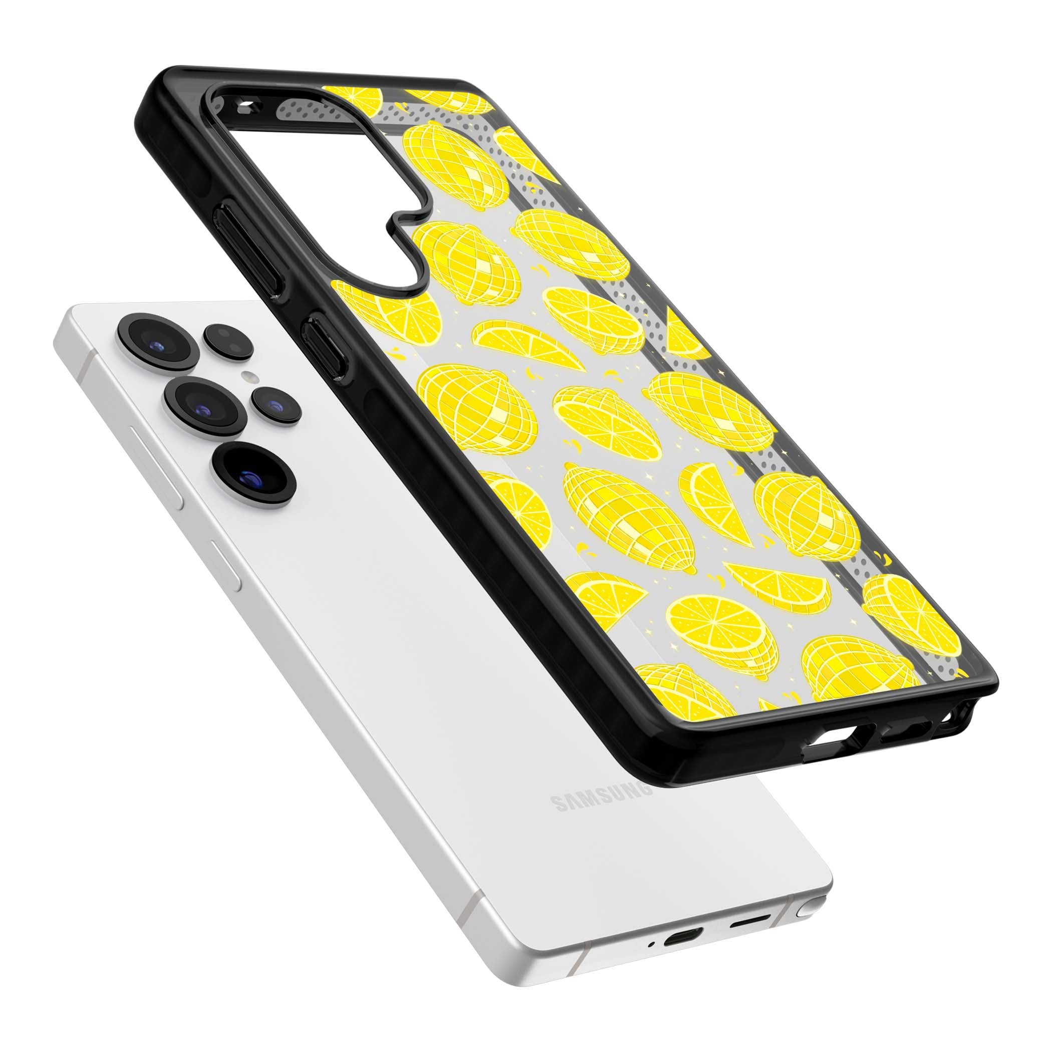 Disco Lemons citrus iPhone case featuring mirrorball lemons, sliced fruit and sparkle accents | Black Impact case for Samsung Galaxy S25 Ultra
