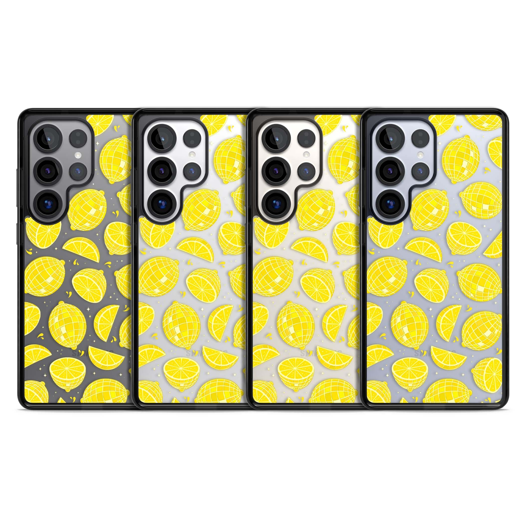 Disco Lemons citrus iPhone case featuring mirrorball lemons, sliced fruit and sparkle accents | Black Impact case for Samsung Galaxy S25 Ultra