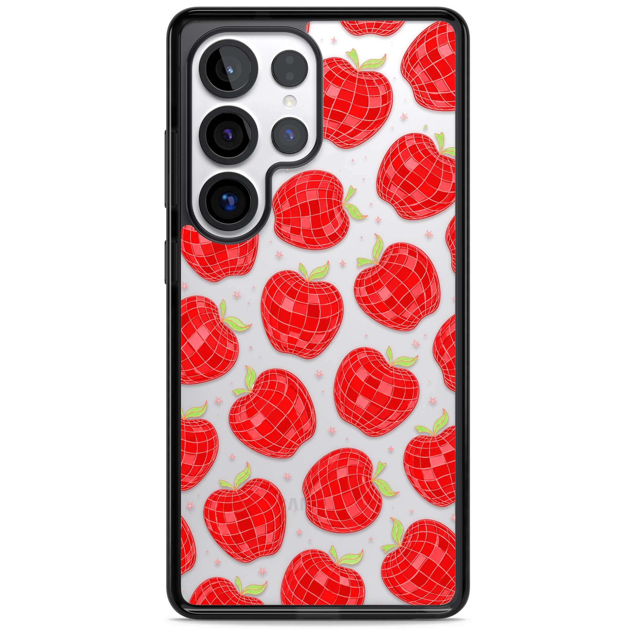 Disco Apples Y2K iPhone case featuring red disco ball apples, green leaves and pink sparkles on clear | Black Impact case for Samsung Galaxy S25 Ultra