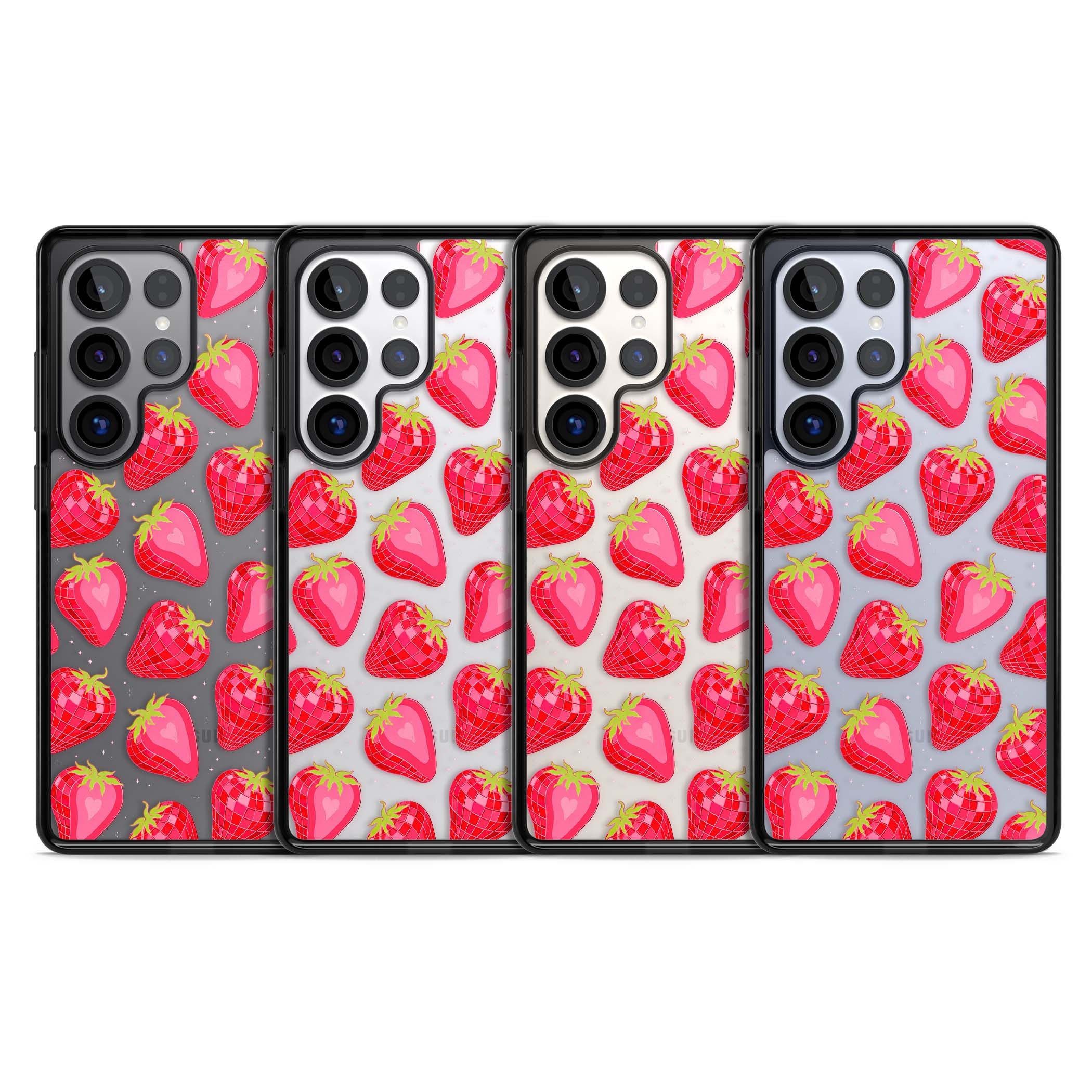 Disco Strawberry Y2K iPhone case featuring pink disco-ball strawberries, green leaves and tiny sparkles | Black Impact case for Samsung Galaxy S25 Ultra