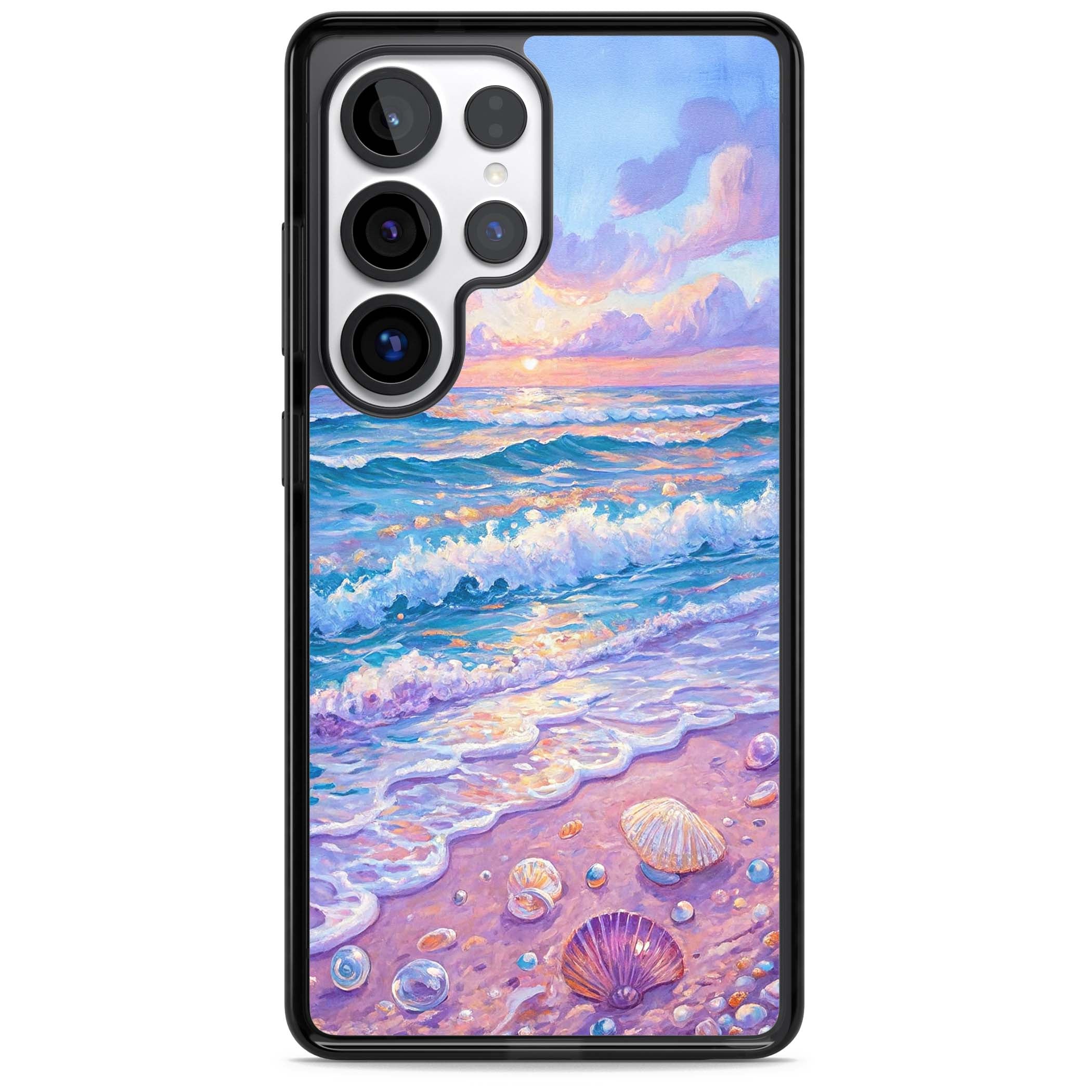 Pearl Shore coastal iPhone case featuring pastel painted waves, seashells, and a sunrise sky over a lavender beach. | Black Impact case for Samsung Galaxy S25 Ultra