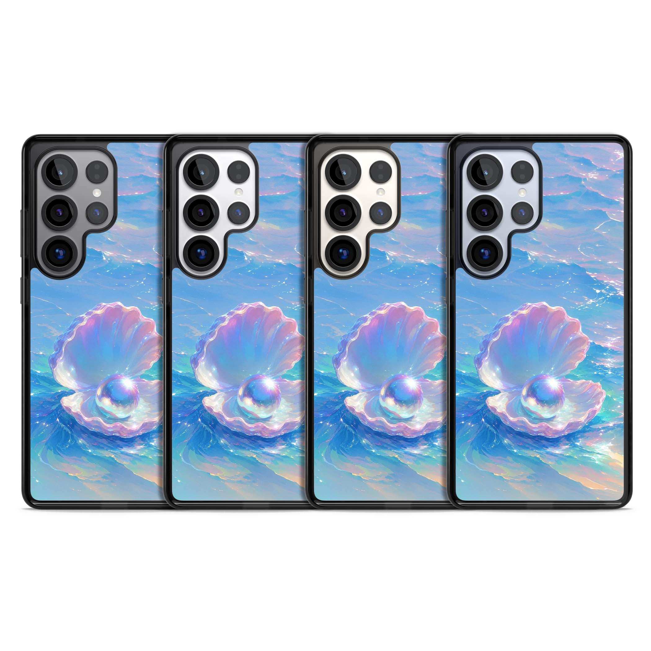 The Pearl Clam mermaidcore iPhone case featuring iridescent seashell, glowing pearl and pastel ocean waves | Black Impact case for Samsung Galaxy S25 Ultra