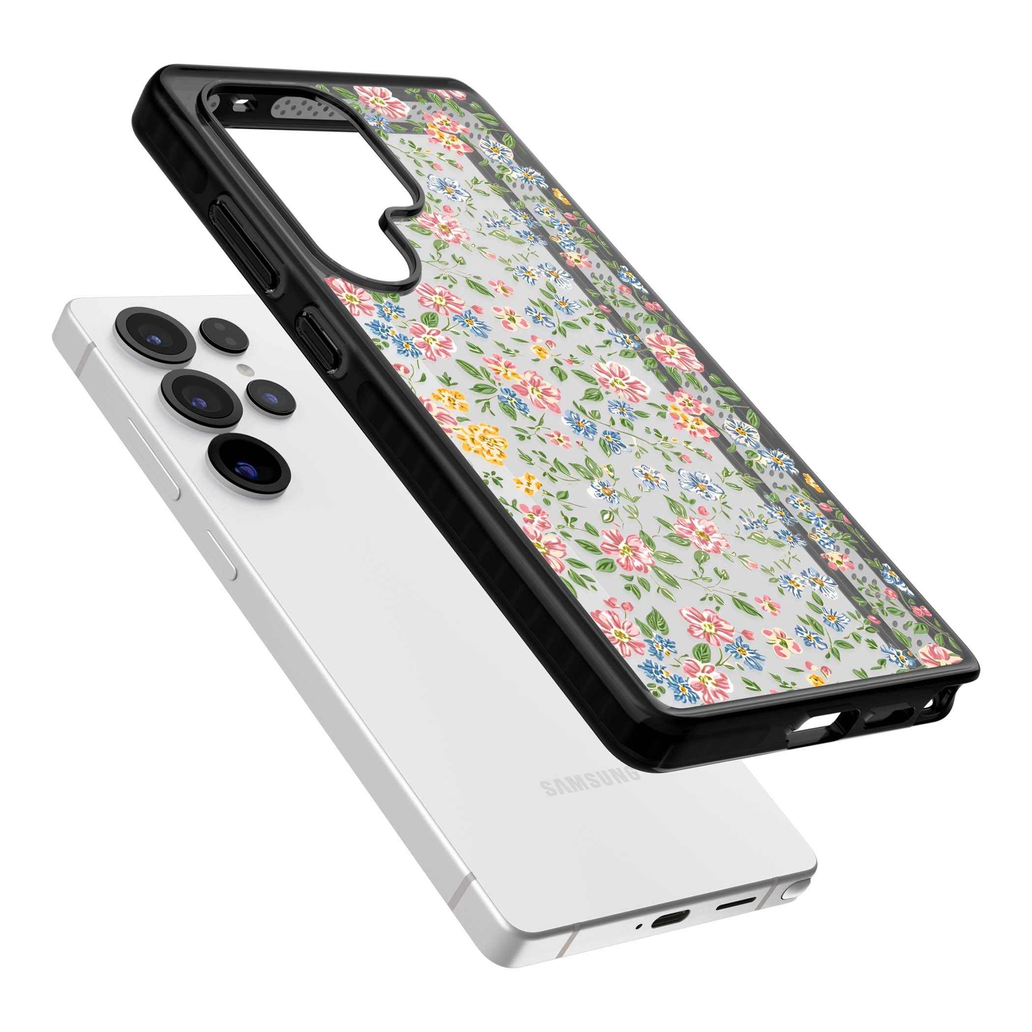 Soft Meadow cottagecore iPhone case featuring pink cosmos, blue forget-me-nots, yellow buttercups and green leaves sca | Black Impact case for Samsung Galaxy S25 Ultra