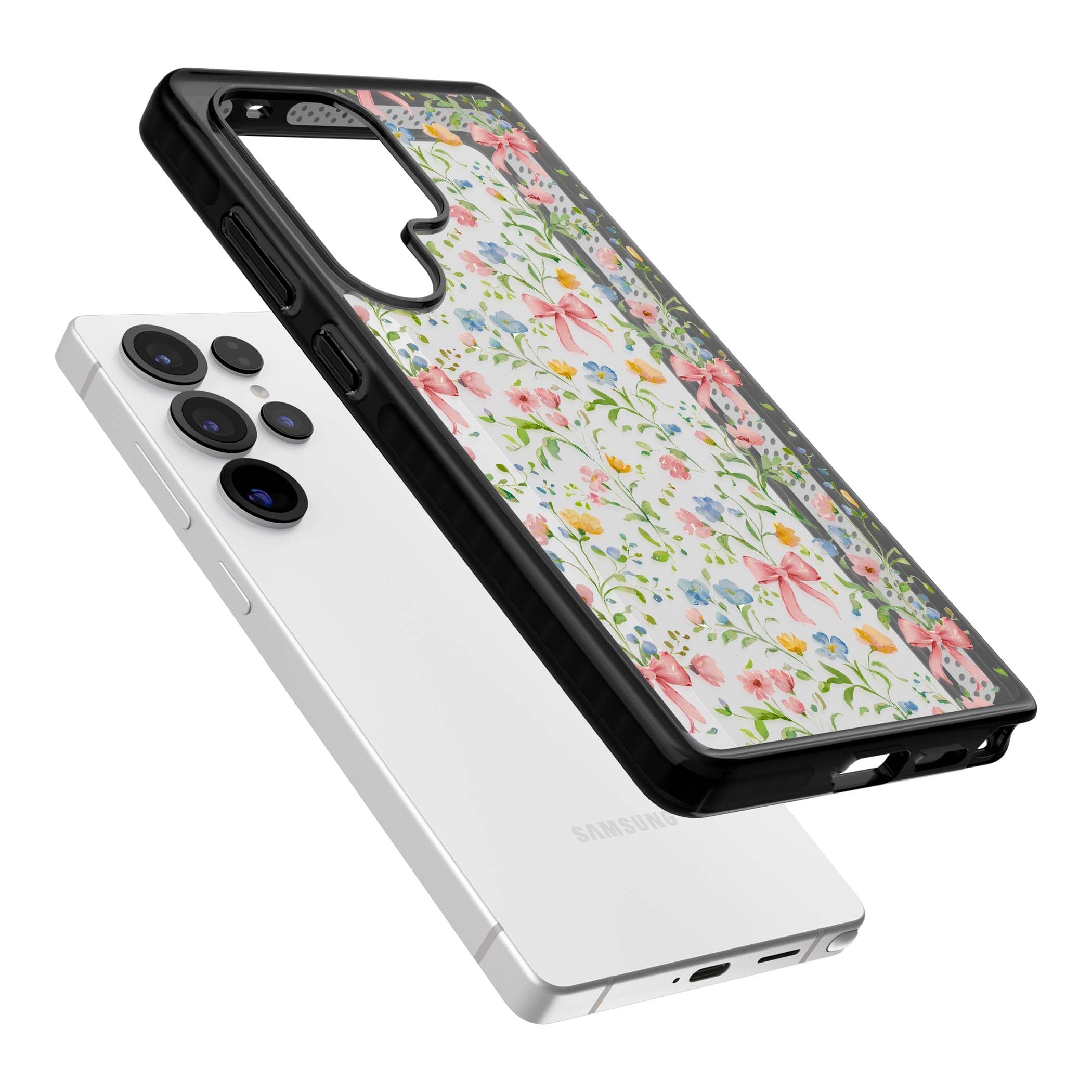 Ribbons & Wildflowers cottagecore iPhone case featuring watercolor wildflowers, pink satin bows, and delicate spring blooms o | Black Impact case for Samsung Galaxy S25 Ultra
