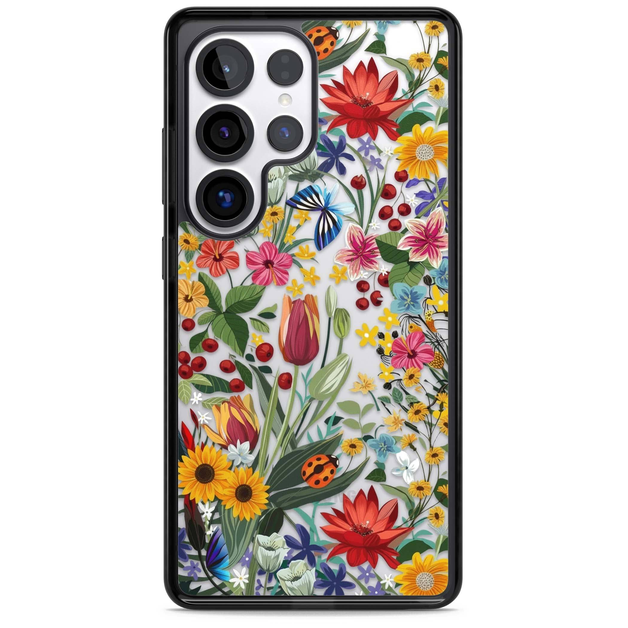 Botanical Bloom cottagecore iPhone case featuring colorful wildflowers, sunflowers, and ladybugs on clear background | Black Impact case for Samsung Galaxy S25 Ultra