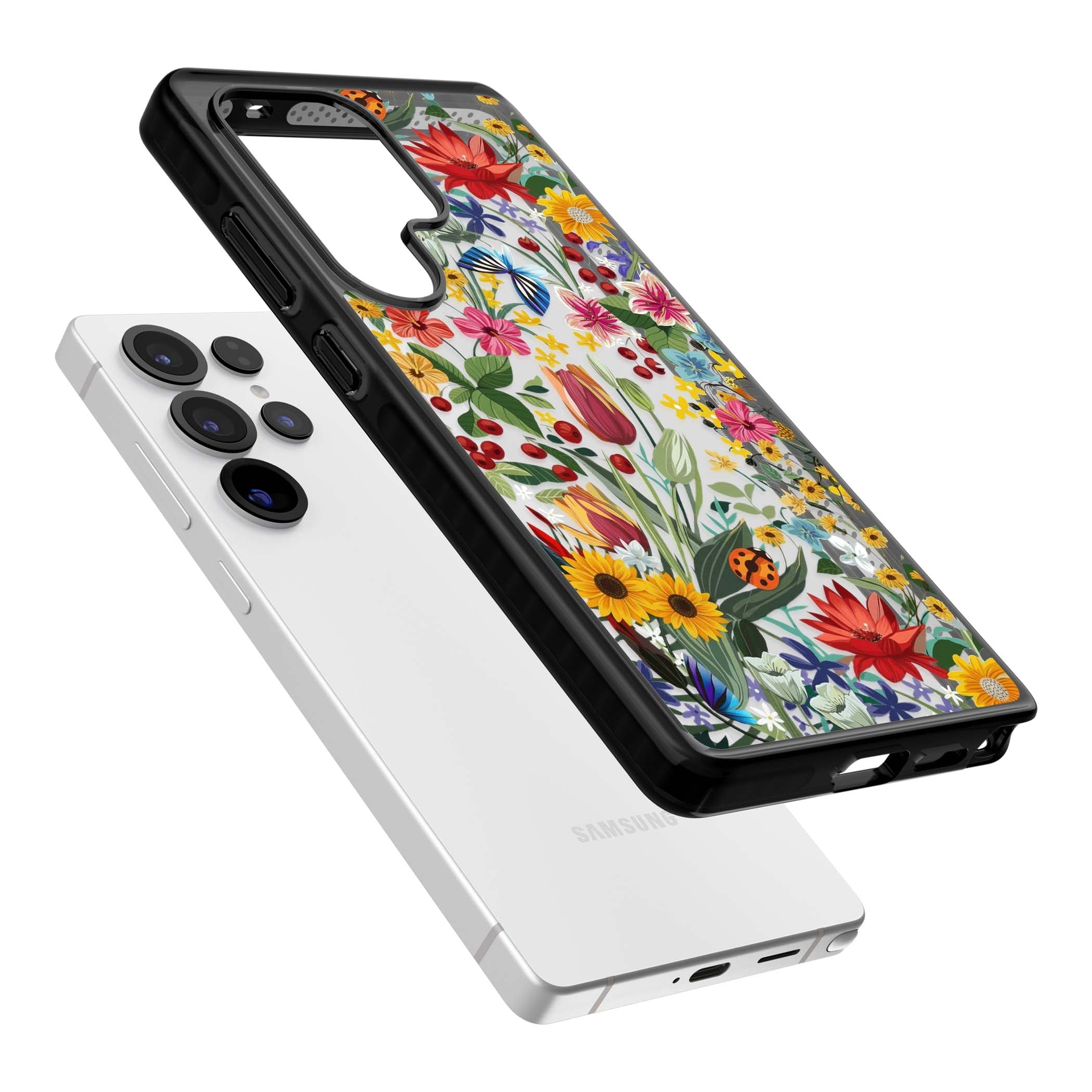 Botanical Bloom cottagecore iPhone case featuring colorful wildflowers, sunflowers, and ladybugs on clear background | Black Impact case for Samsung Galaxy S25 Ultra