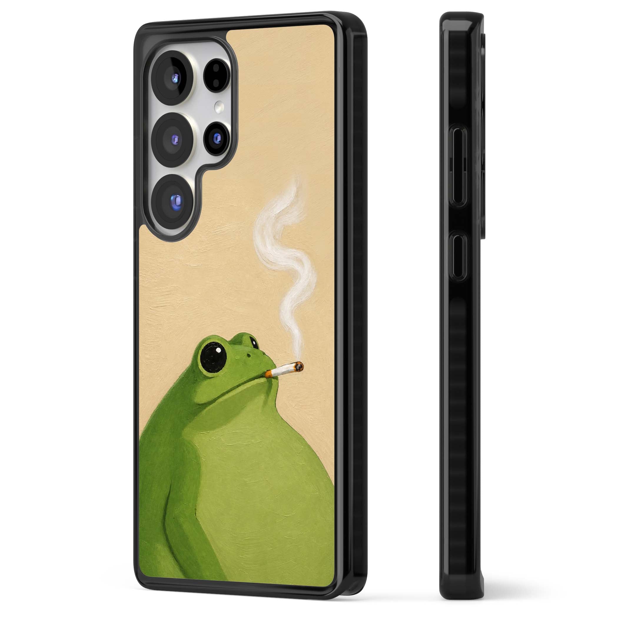 The Smoking Frog cottagecore iPhone case featuring a hand-painted green frog smoking a cigarette on a cream oil painting back | Black Impact case for Samsung Galaxy S25 Ultra