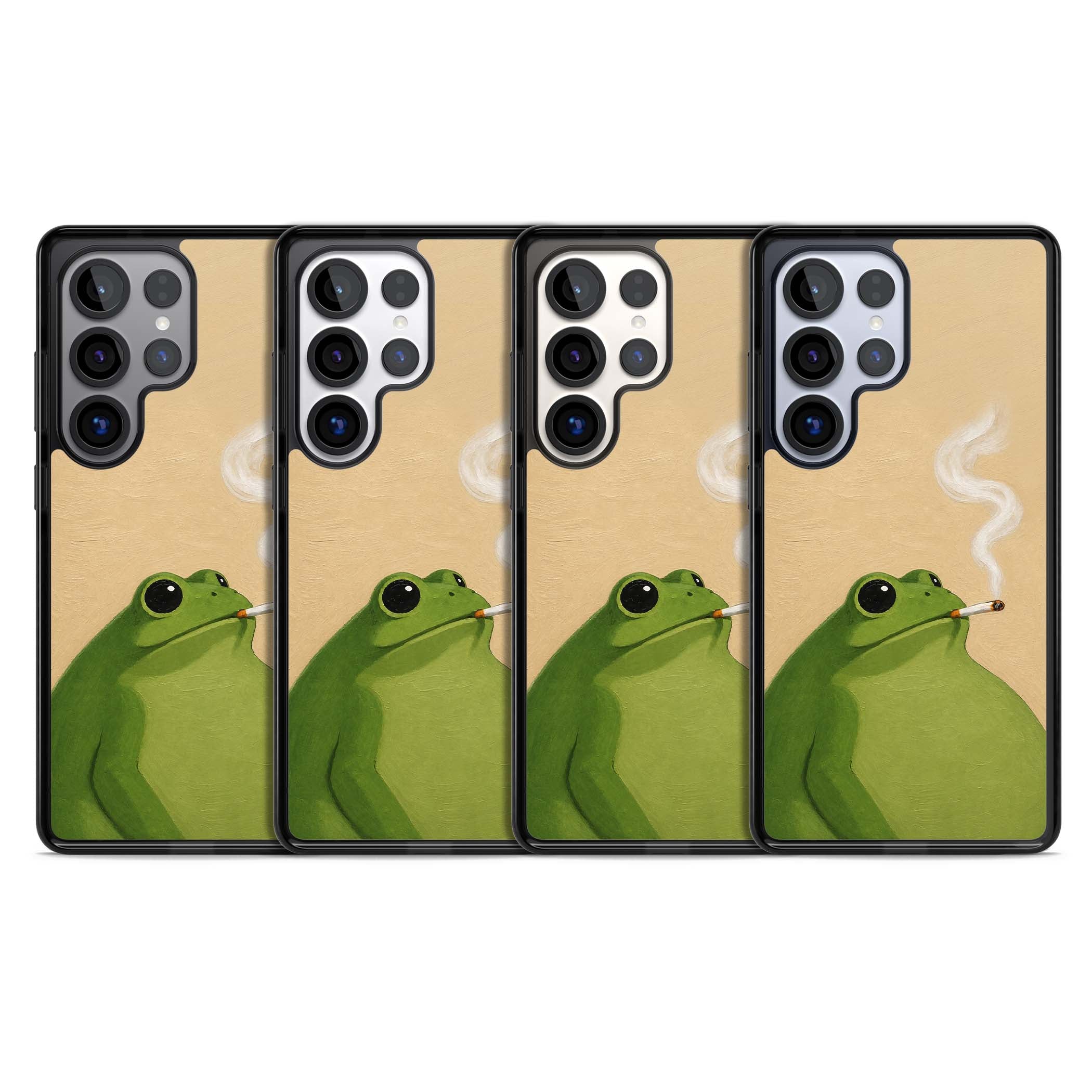 The Smoking Frog cottagecore iPhone case featuring a hand-painted green frog smoking a cigarette on a cream oil painting back | Black Impact case for Samsung Galaxy S25 Ultra