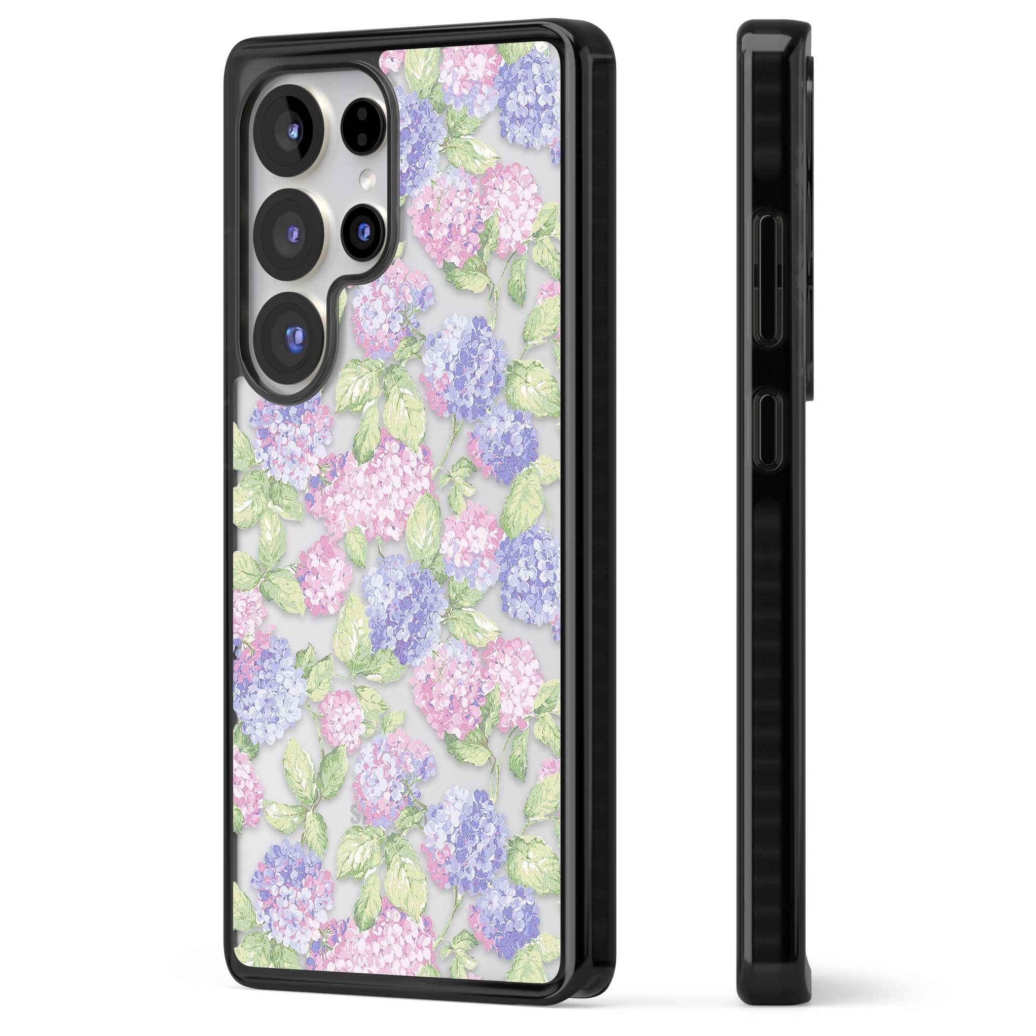 Cottage Hydrangea cottagecore iPhone case featuring pink and purple hydrangea blooms with green leaves on a clear background | Black Impact case for Samsung Galaxy S25 Ultra