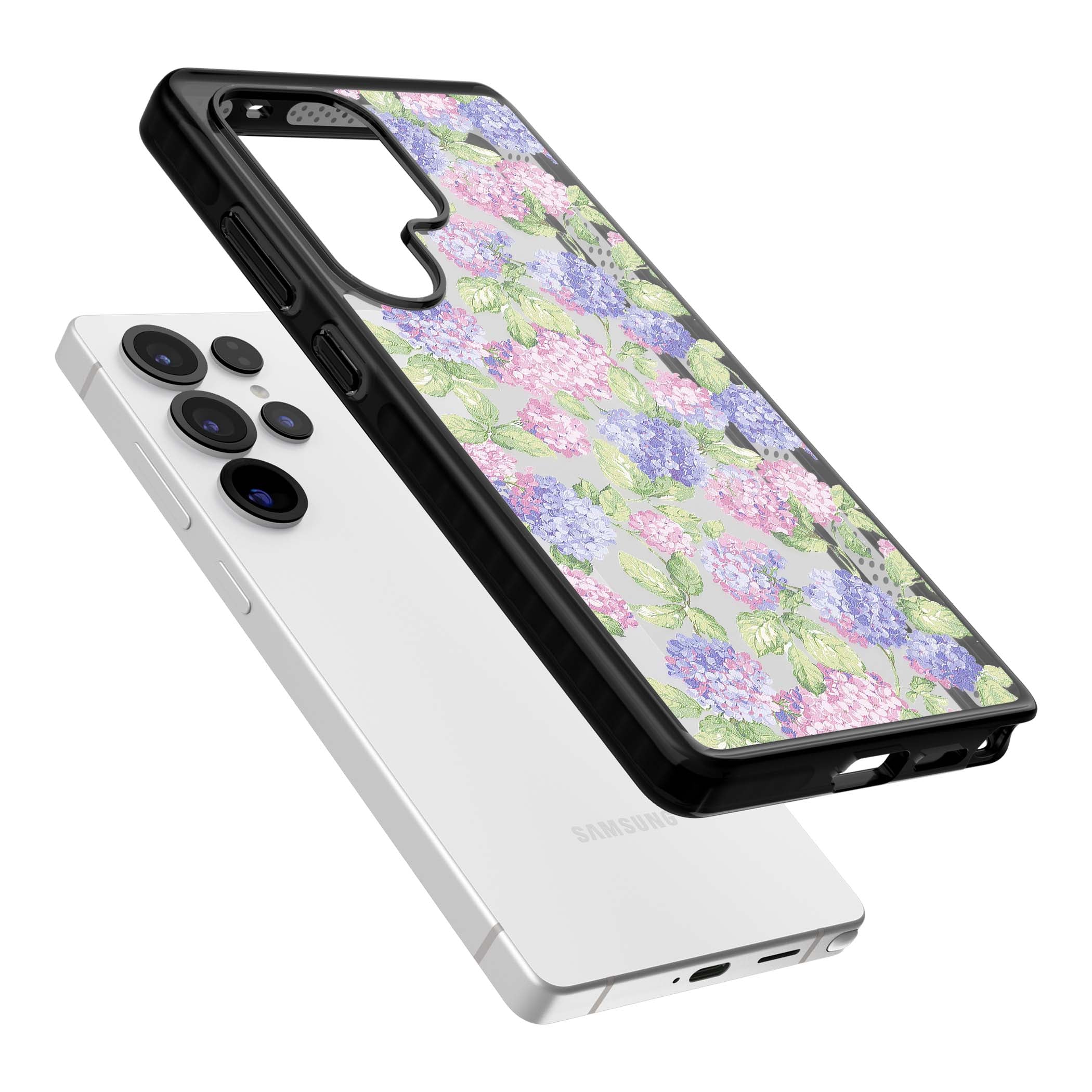 Cottage Hydrangea cottagecore iPhone case featuring pink and purple hydrangea blooms with green leaves on a clear background | Black Impact case for Samsung Galaxy S25 Ultra