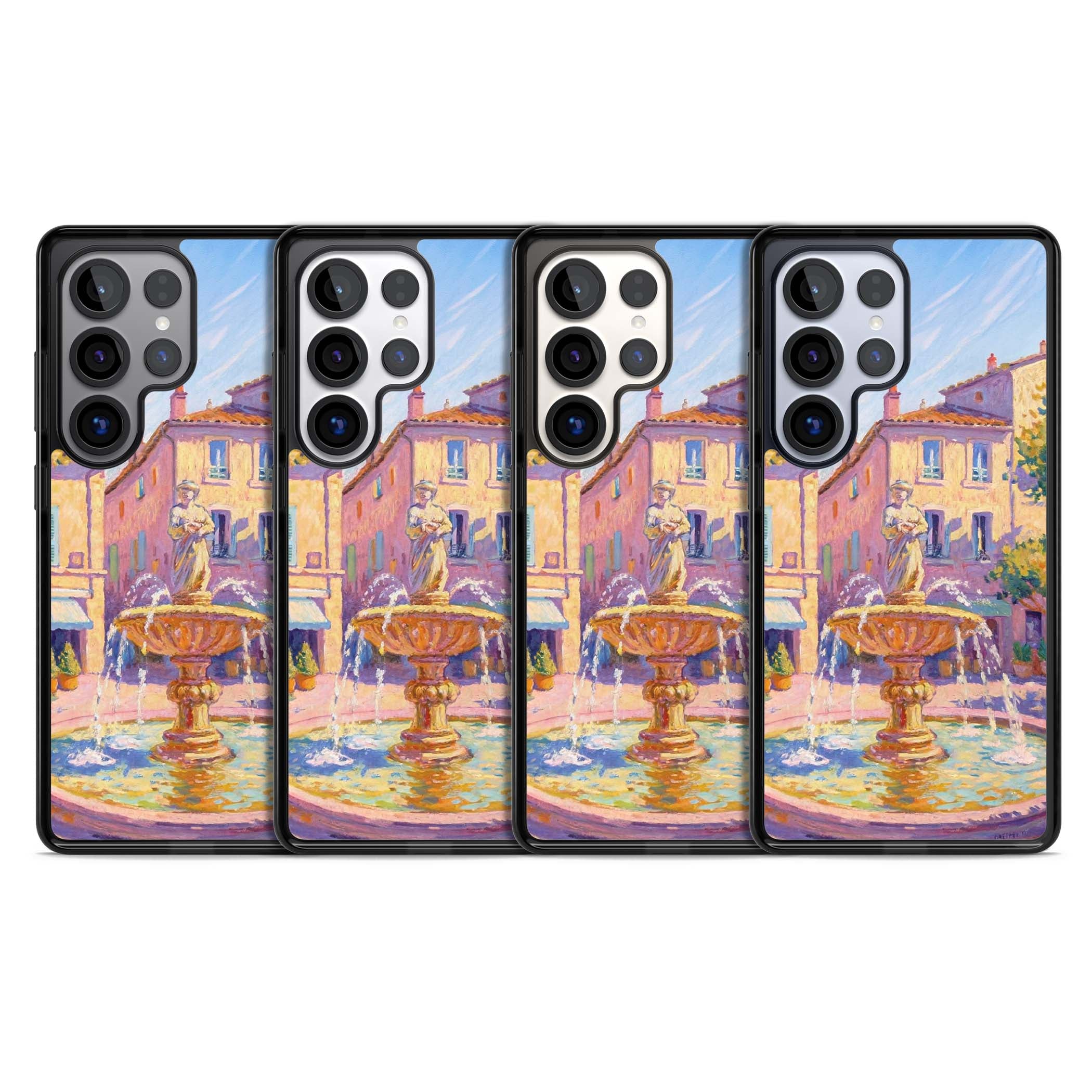 Fountain Square fine art iPhone case featuring an impressionist Provençal fountain, pastel village buildings and summe | Black Impact case for Samsung Galaxy S25 Ultra
