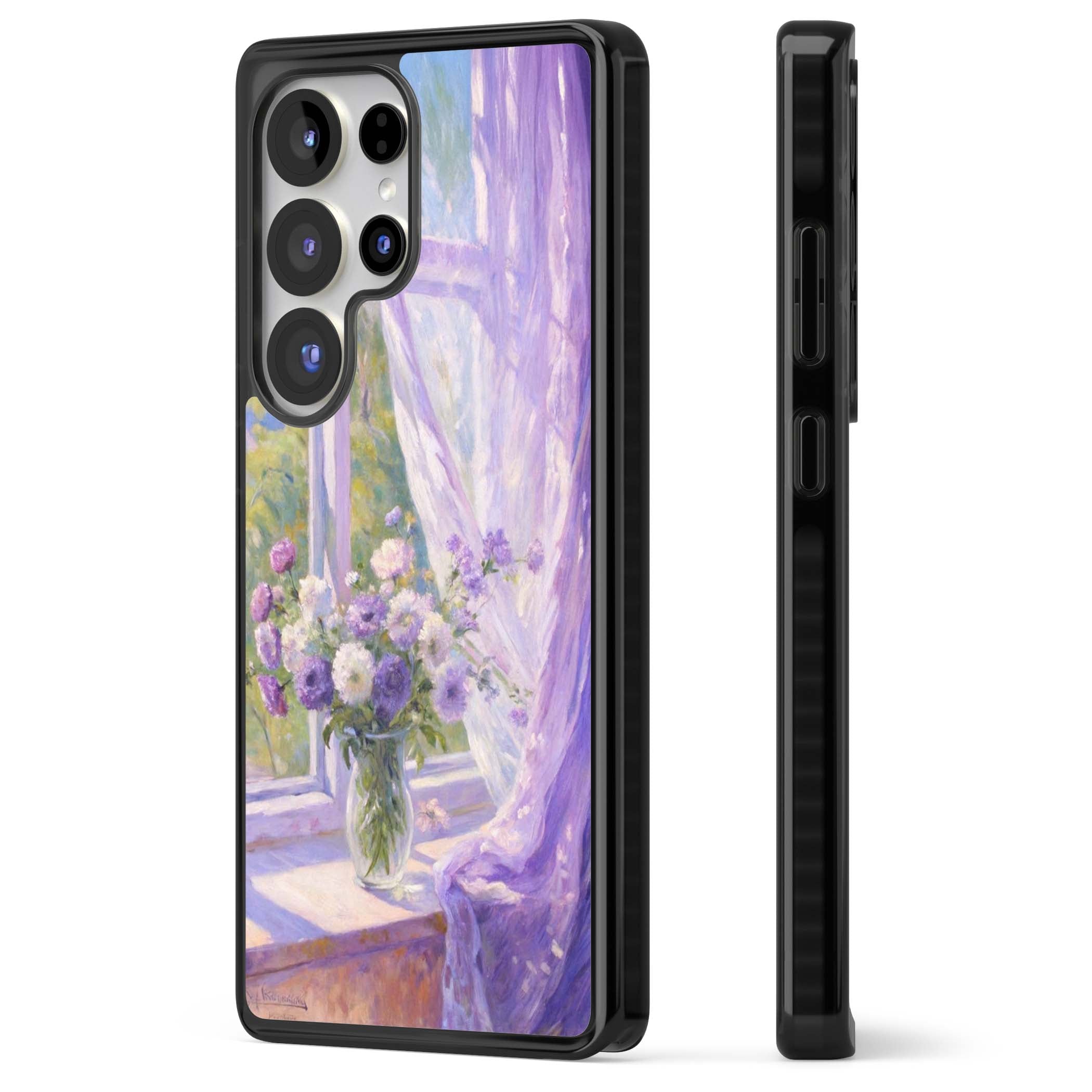 A Provence Morning impressionist art iPhone case featuring a vase of purple flowers, sunlit window and sheer curt | Black Impact case for Samsung Galaxy S25 Ultra