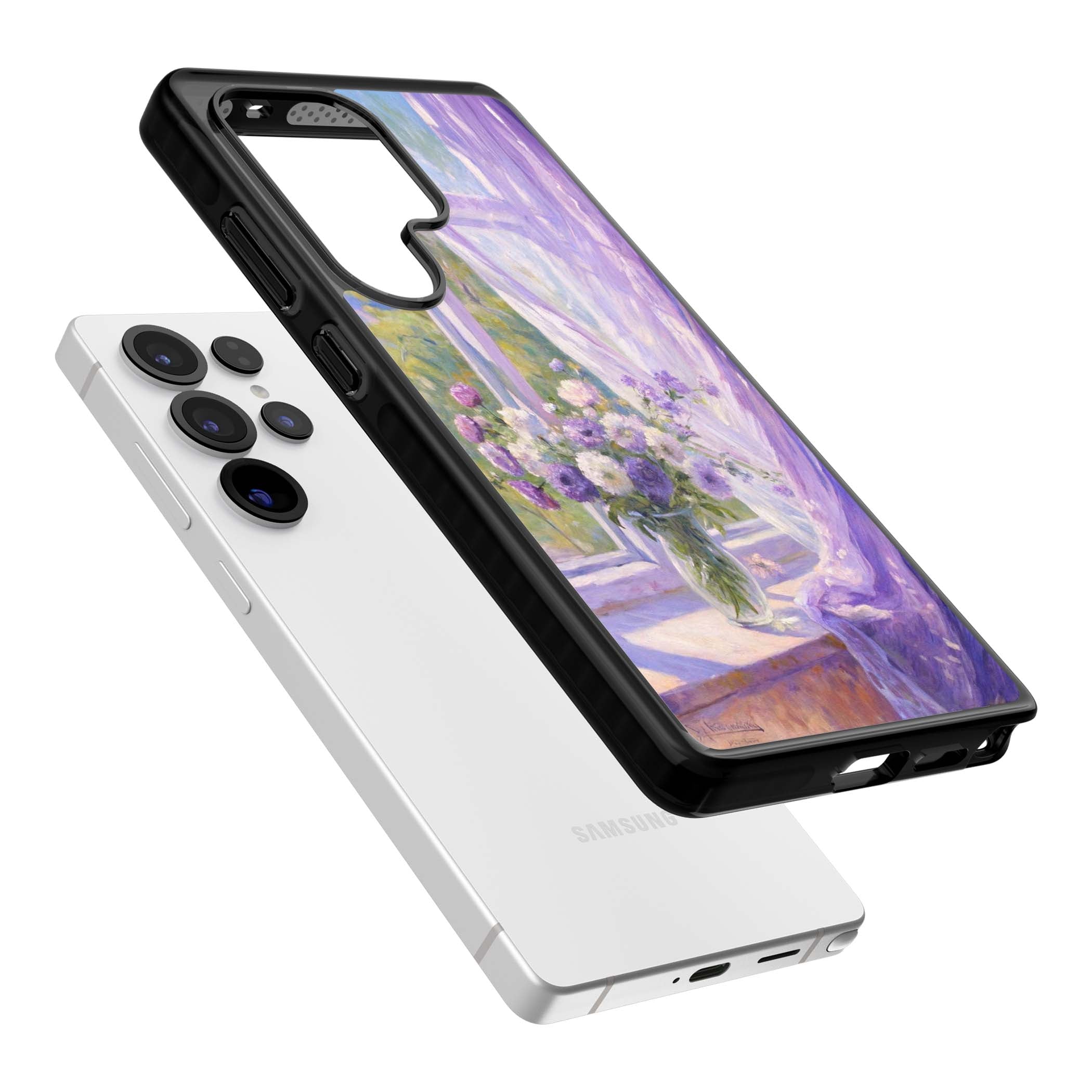 A Provence Morning impressionist art iPhone case featuring a vase of purple flowers, sunlit window and sheer curt | Black Impact case for Samsung Galaxy S25 Ultra