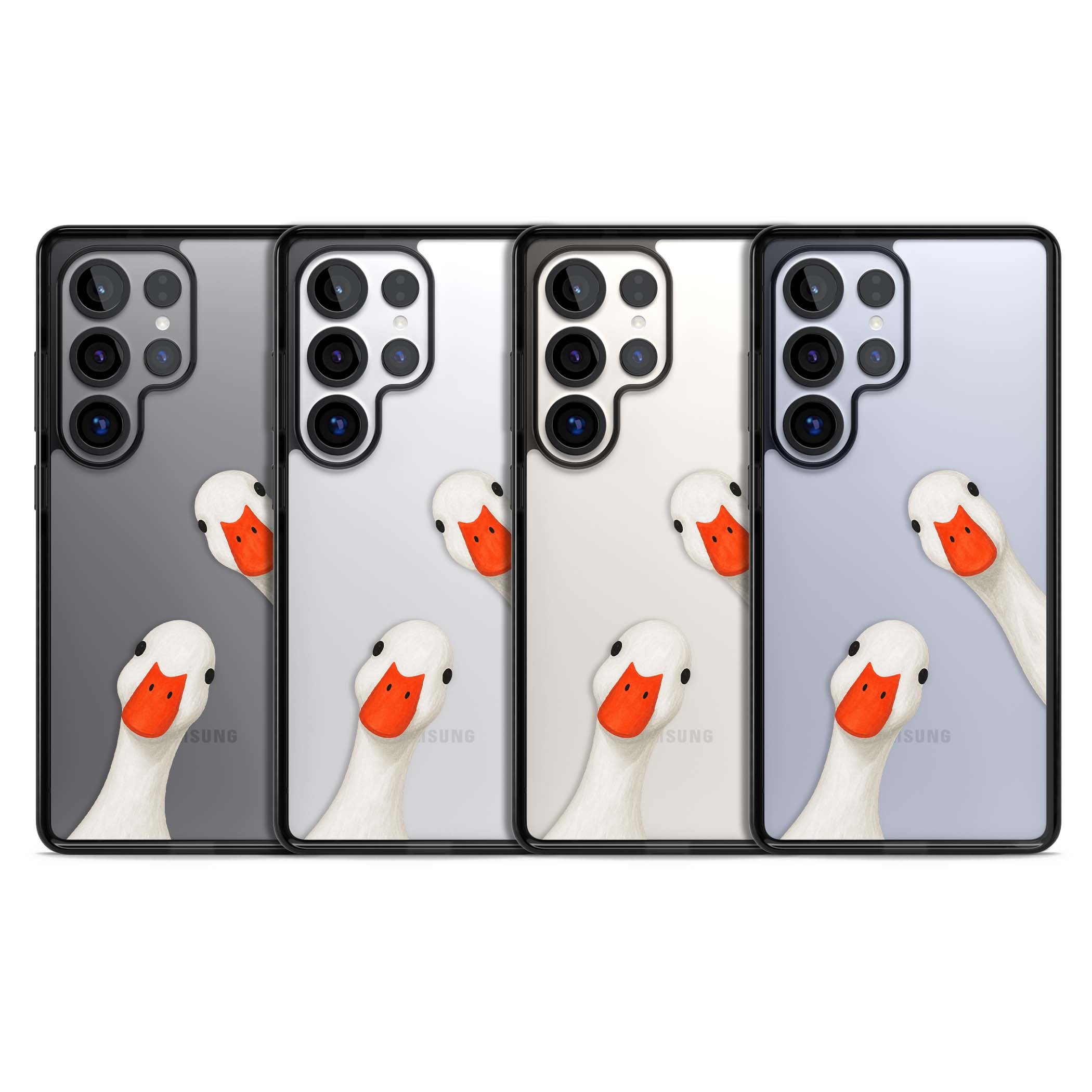 Nosy Ducks cottagecore iPhone case featuring two peeking white ducks with orange beaks on a clear background | Black Impact case for Samsung Galaxy S25 Ultra