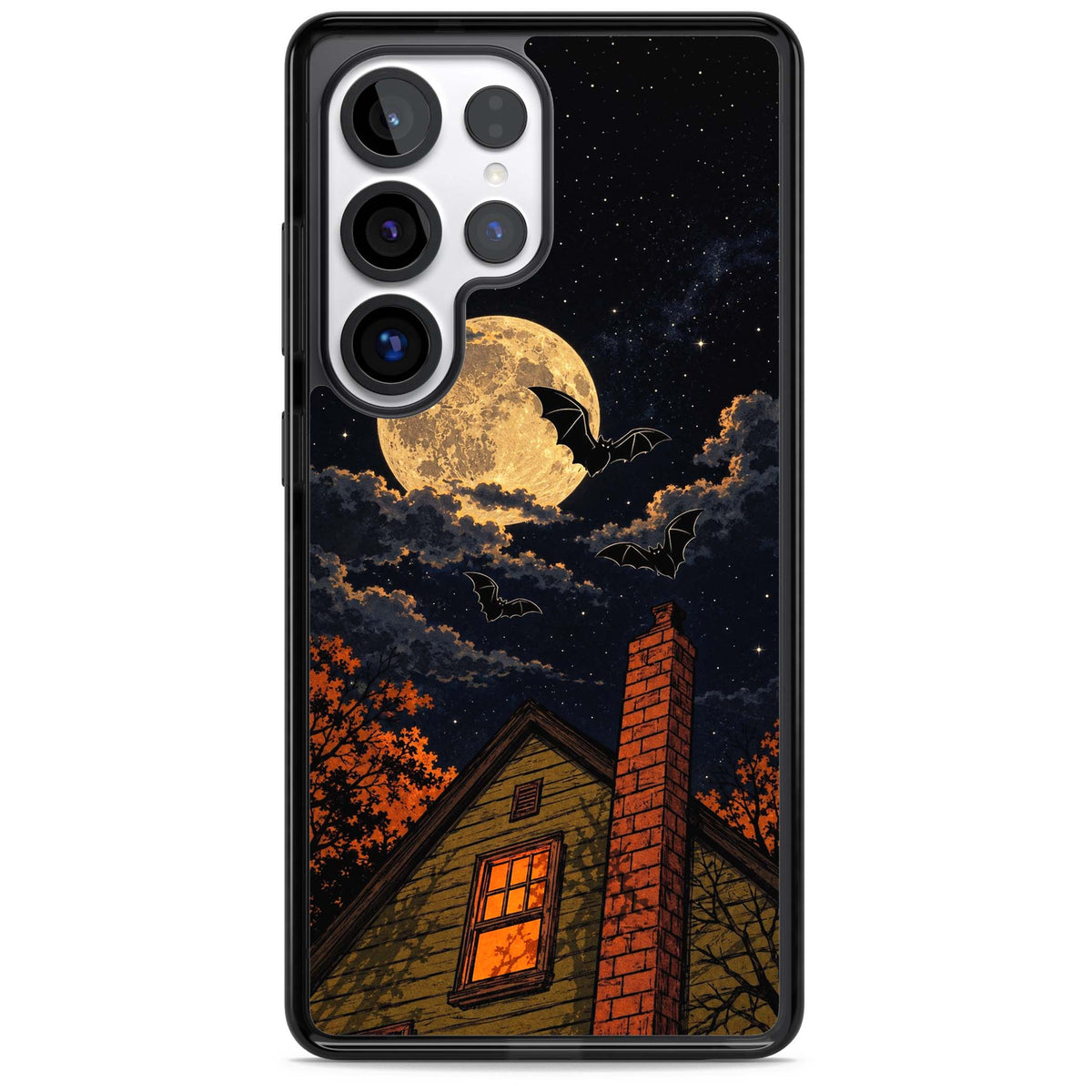Hollows Eve Halloween iPhone case featuring a haunted house, full moon and flying bats against a starry autumn sky | Black Impact case for Samsung Galaxy S25 Ultra
