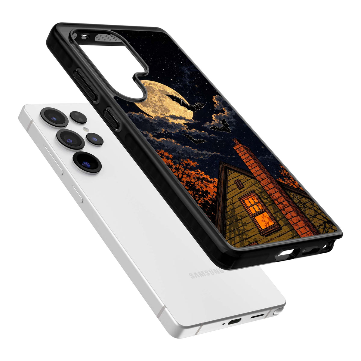 Hollows Eve Halloween iPhone case featuring a haunted house, full moon and flying bats against a starry autumn sky | Black Impact case for Samsung Galaxy S25 Ultra