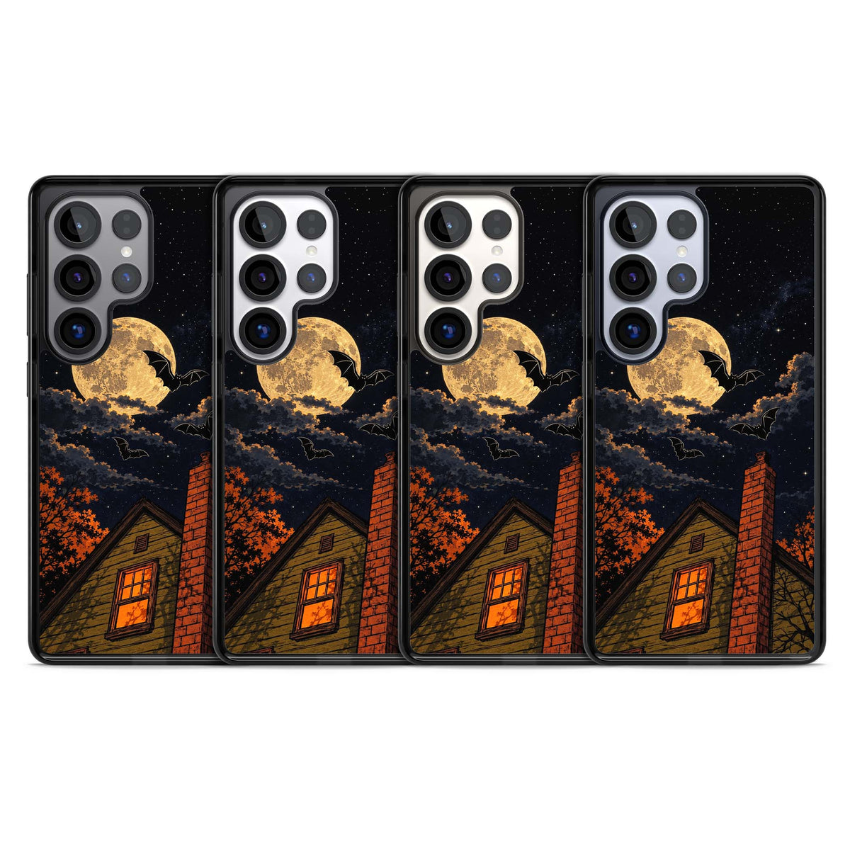 Hollows Eve Halloween iPhone case featuring a haunted house, full moon and flying bats against a starry autumn sky | Black Impact case for Samsung Galaxy S25 Ultra