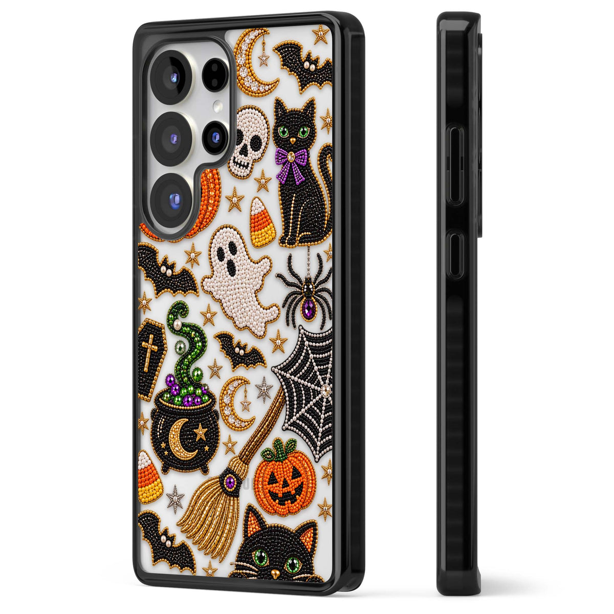 Beaded Halloween Halloween iPhone case featuring beaded pumpkins, ghosts, black cats and bats | Black Impact case for Samsung Galaxy S25 Ultra