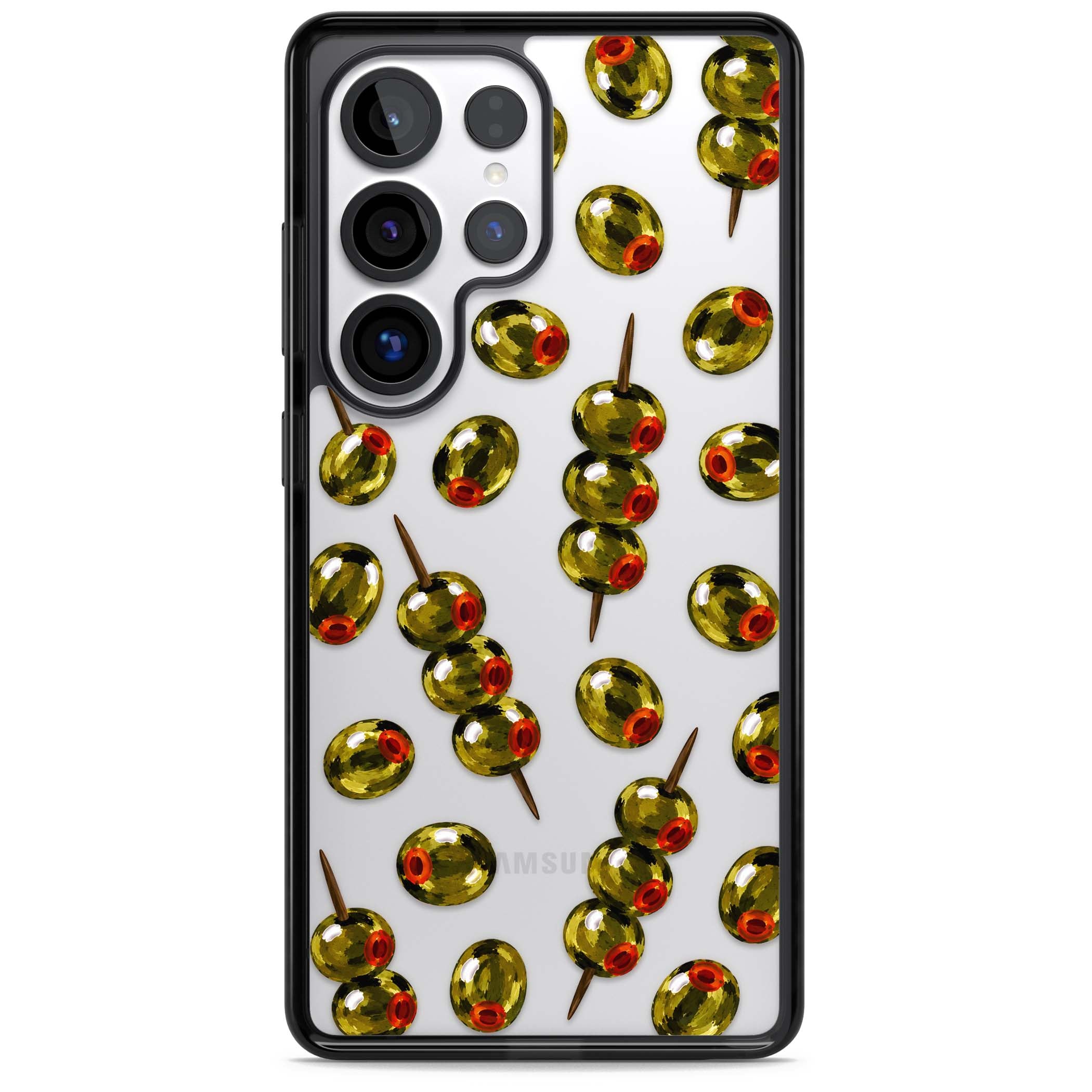 Painted Olives cocktail iPhone case featuring green olives, pimento centres and toothpick skewers on a clear background | Black Impact case for Samsung Galaxy S25 Ultra