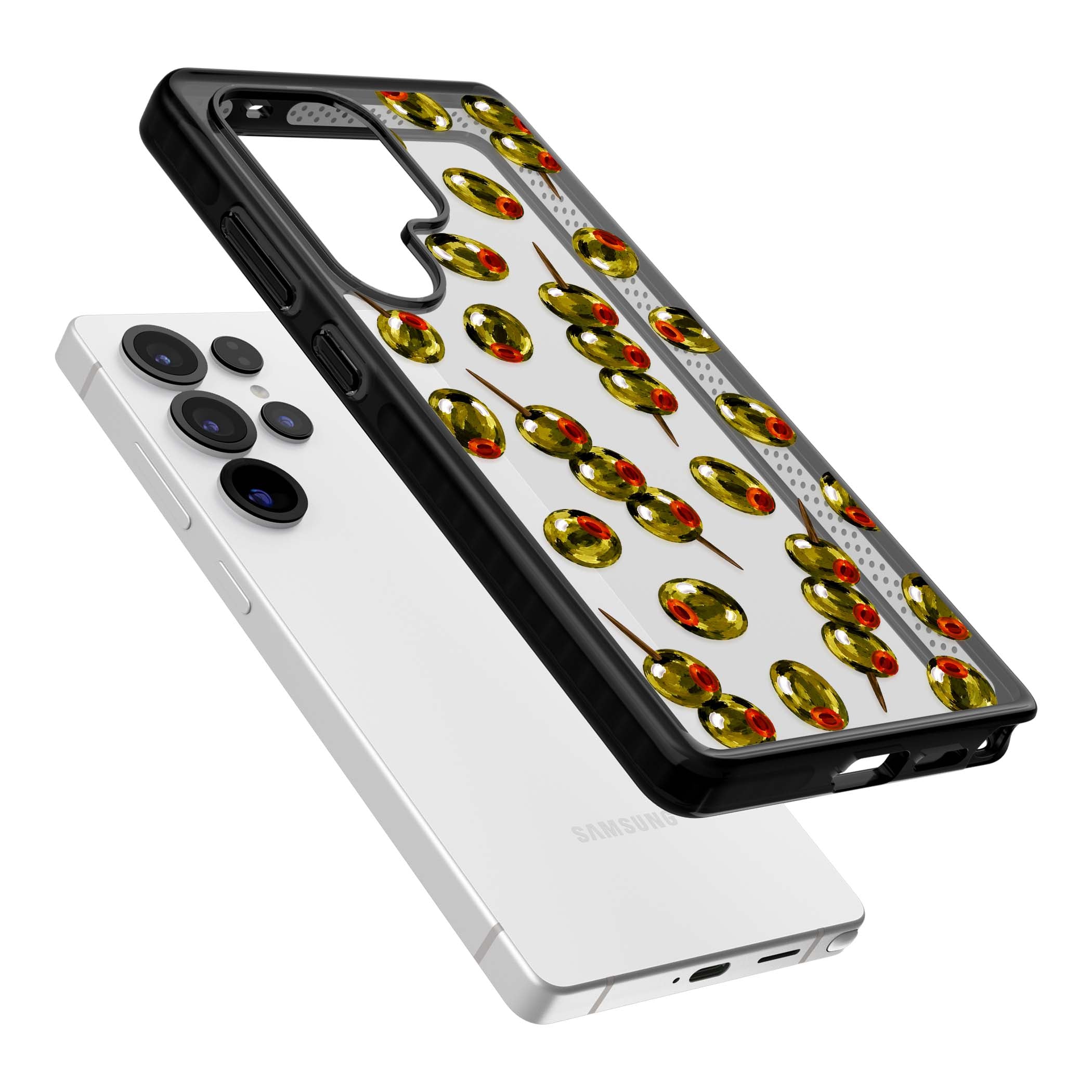 Painted Olives cocktail iPhone case featuring green olives, pimento centres and toothpick skewers on a clear background | Black Impact case for Samsung Galaxy S25 Ultra