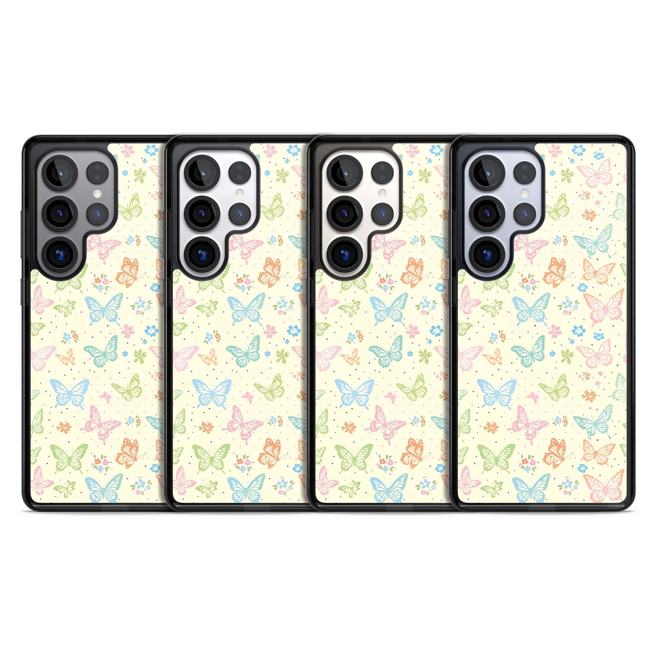 Sugar Wings cottagecore iPhone case featuring rainbow pastel butterflies, tiny wildflowers, and a cream background | Black Impact case for Samsung Galaxy S25 Ultra