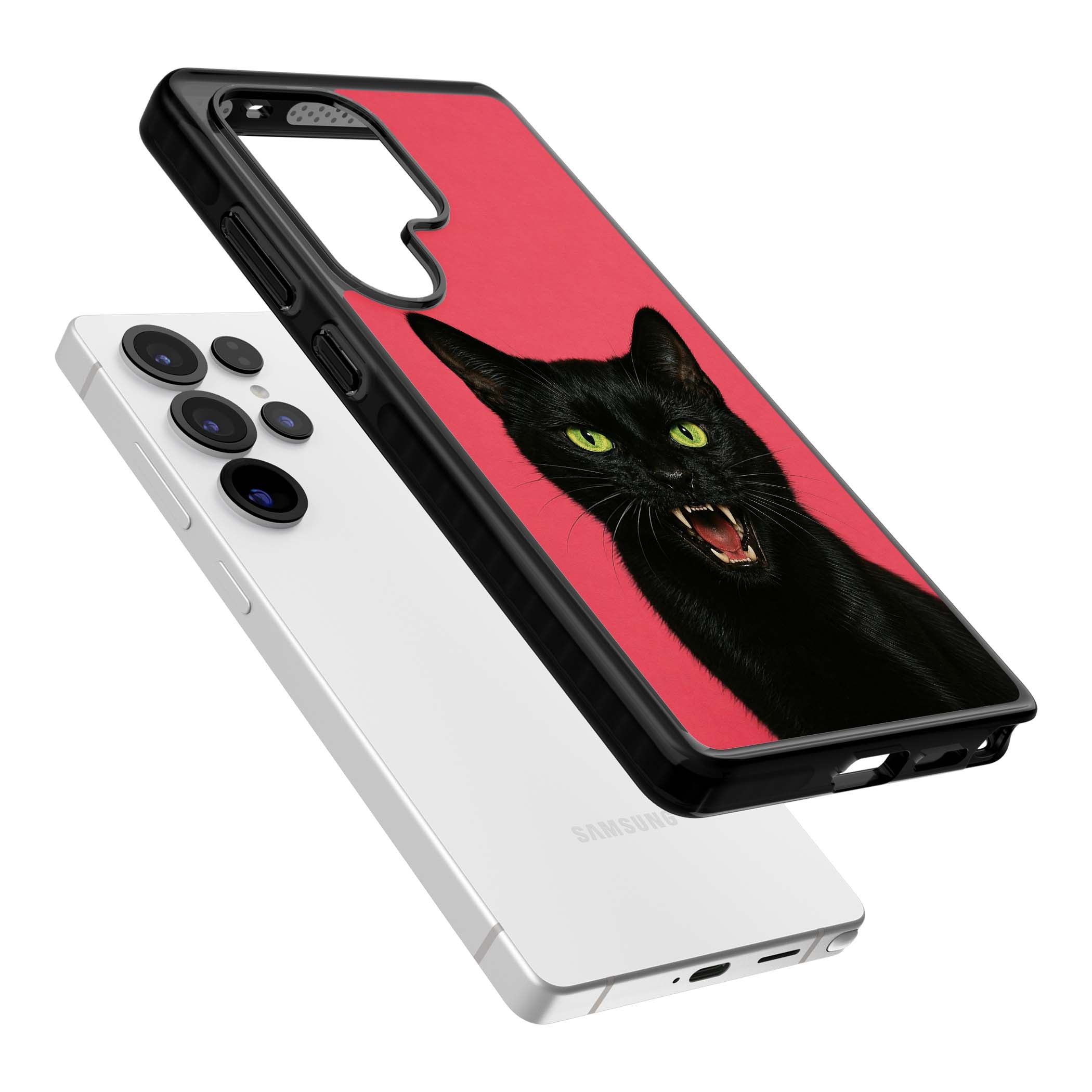 Hissin' Baddie black cat iPhone case featuring a hissing feline with green eyes on a hot pink background | Black Impact case for Samsung Galaxy S25 Ultra