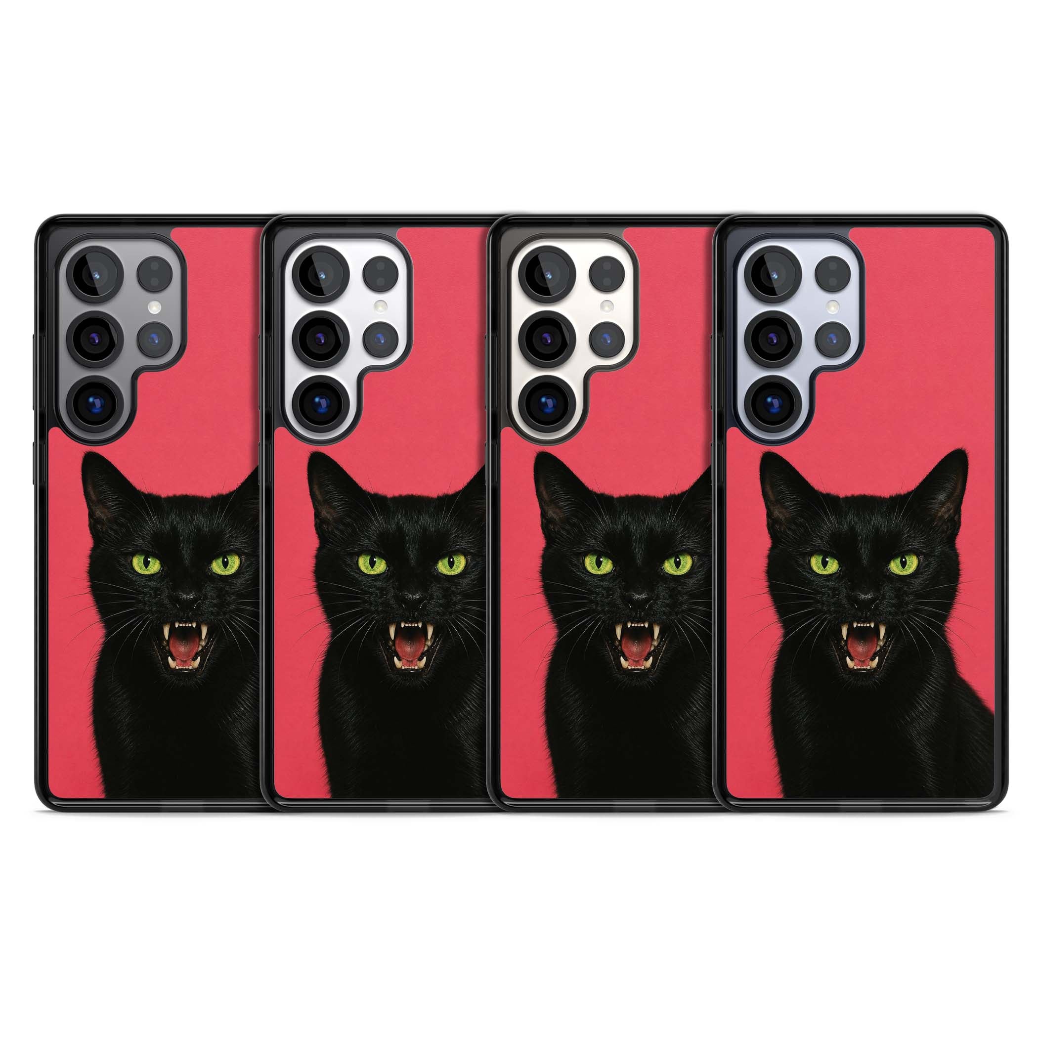 Hissin' Baddie black cat iPhone case featuring a hissing feline with green eyes on a hot pink background | Black Impact case for Samsung Galaxy S25 Ultra