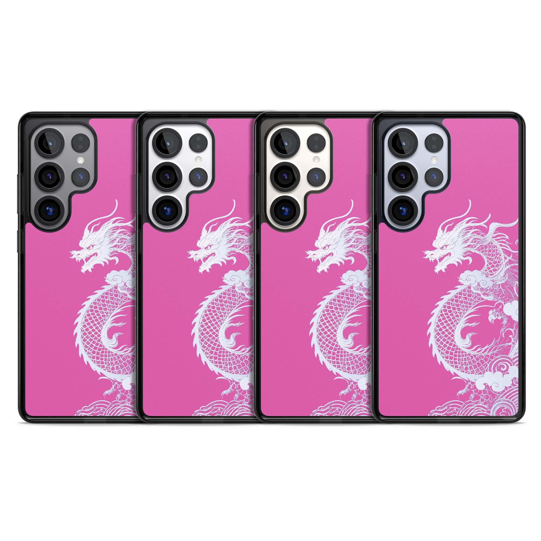 Pink Empress chinese dragon iPhone case featuring a white dragon, swirling clouds and pink dragon wallpaper backdrop | Black Impact case for Samsung Galaxy S25 Ultra