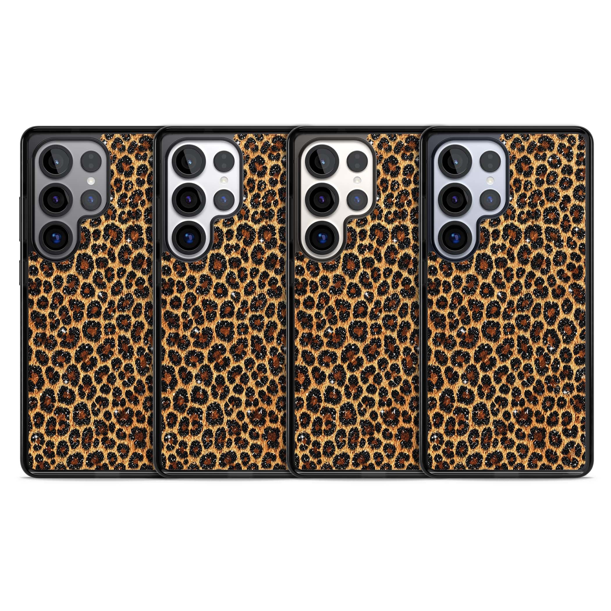 Diamond Leopard leopard print iPhone case featuring golden tan fur, black rosette spots and subtle glitter sparkle | Black Impact case for Samsung Galaxy S25 Ultra
