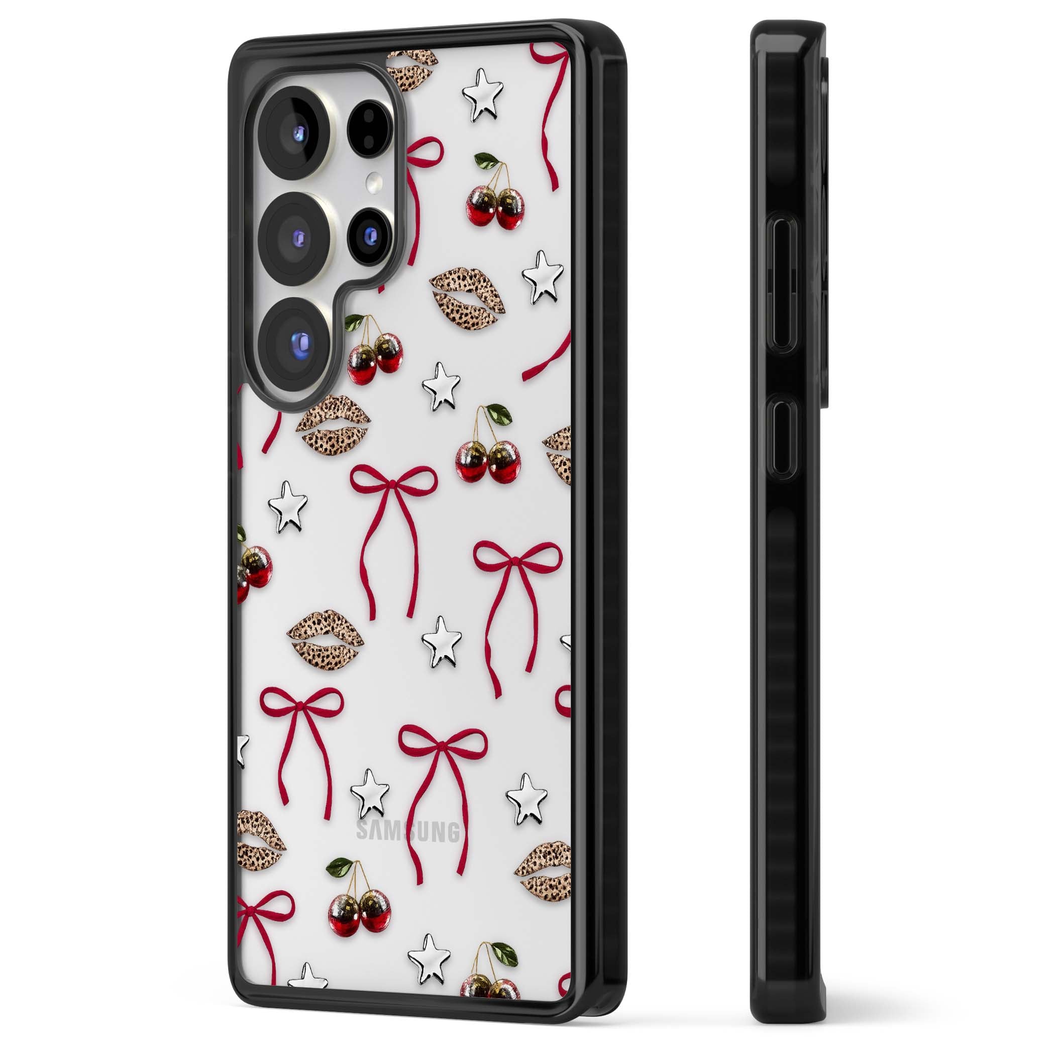 Starlet coquette iPhone case featuring red ribbon bows, disco cherries and leopard-print lips | Black Impact case for Samsung Galaxy S25 Ultra