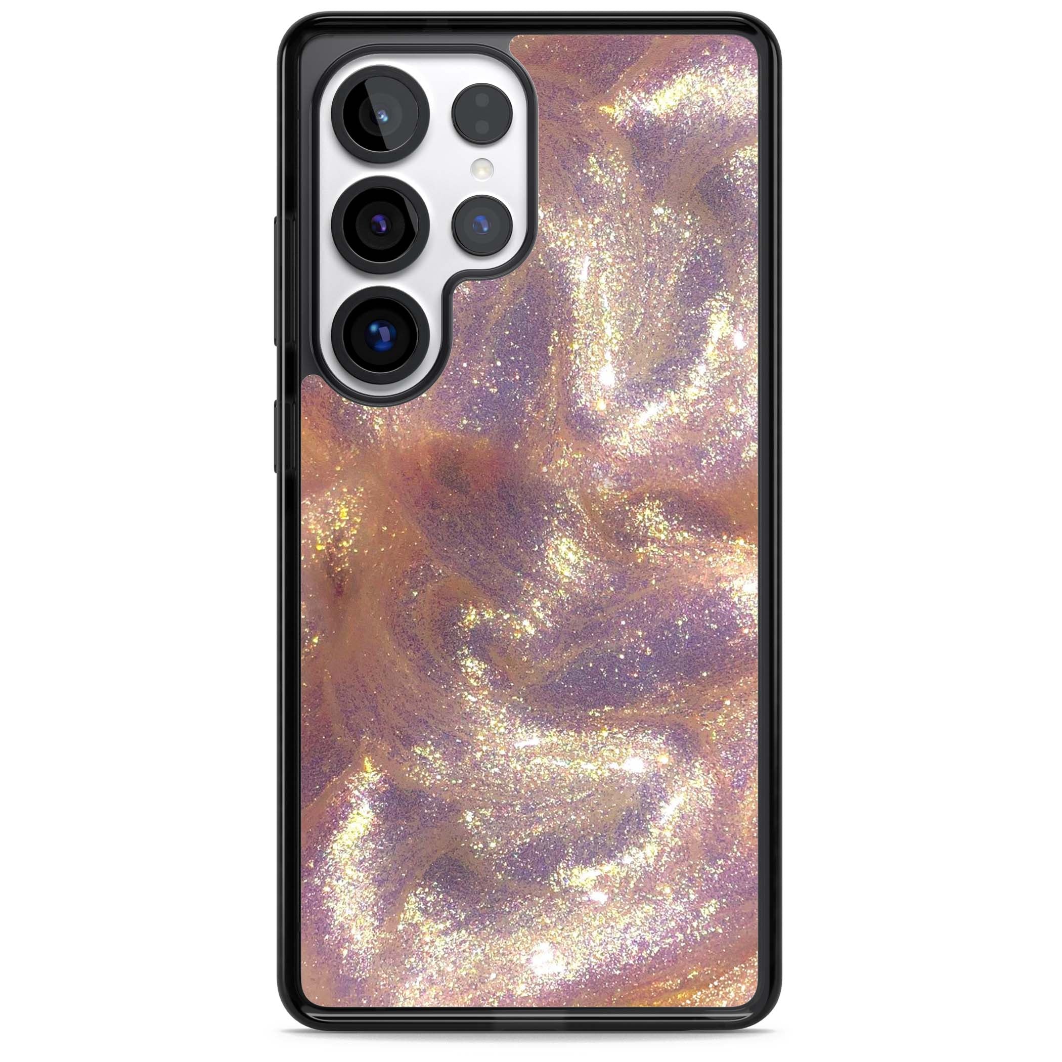 Shimmer marble iPhone case featuring rose gold glitter swirls, lilac shimmer and iridescent pearl finish | Black Impact case for Samsung Galaxy S25 Ultra