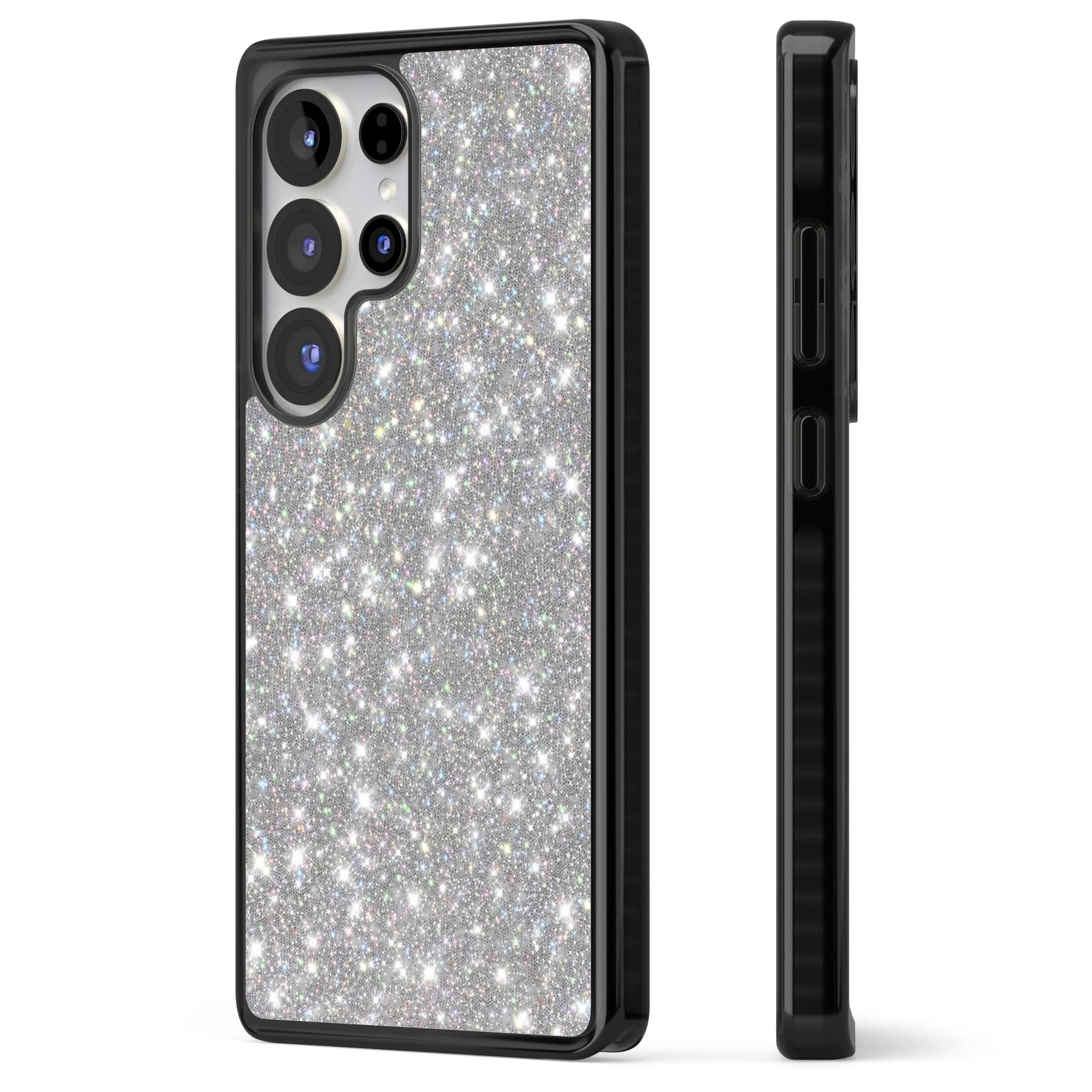Diamond glam iPhone case featuring silver glitter sparkle and shimmering diamond dust effect | Black Impact case for Samsung Galaxy S25 Ultra