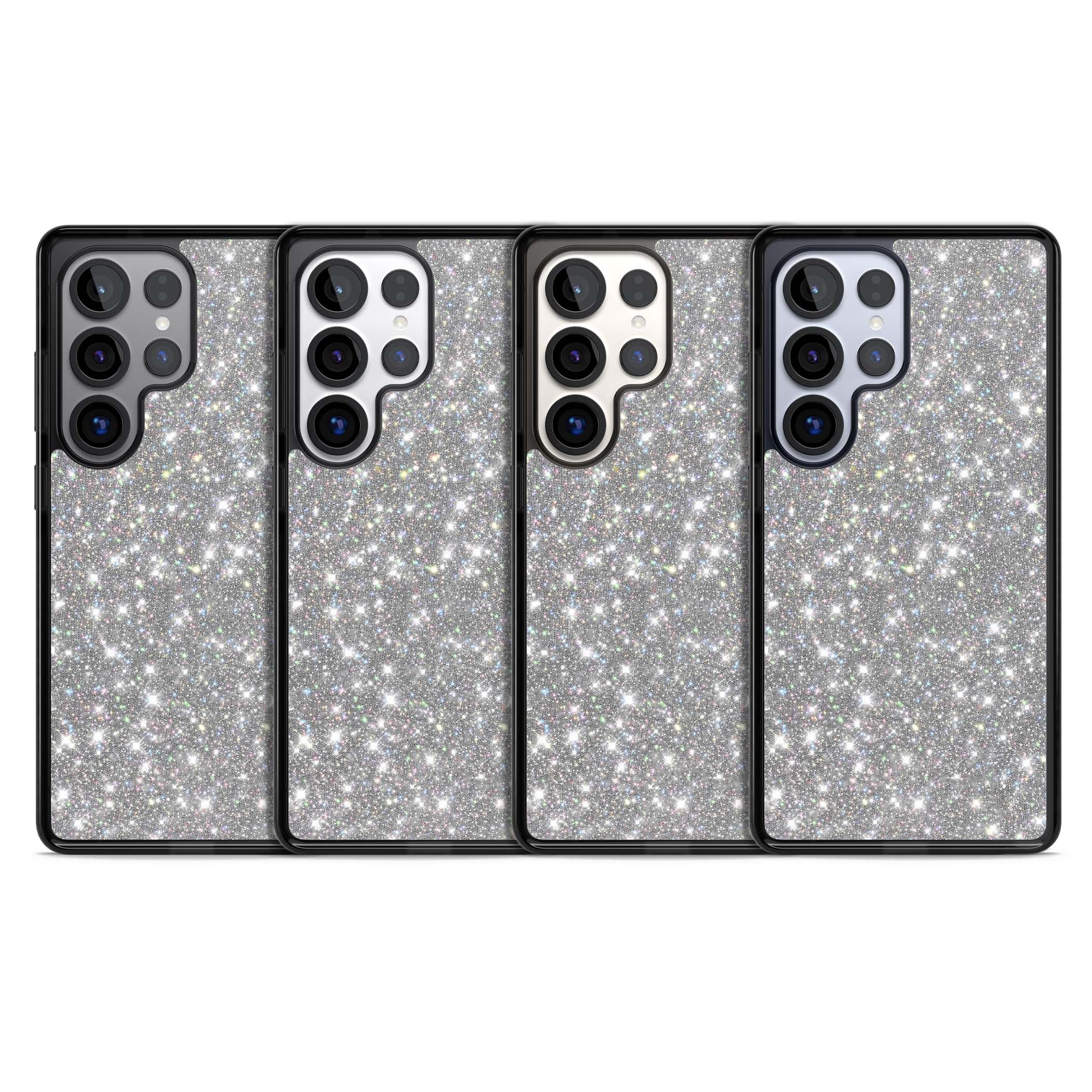 Diamond glam iPhone case featuring silver glitter sparkle and shimmering diamond dust effect | Black Impact case for Samsung Galaxy S25 Ultra