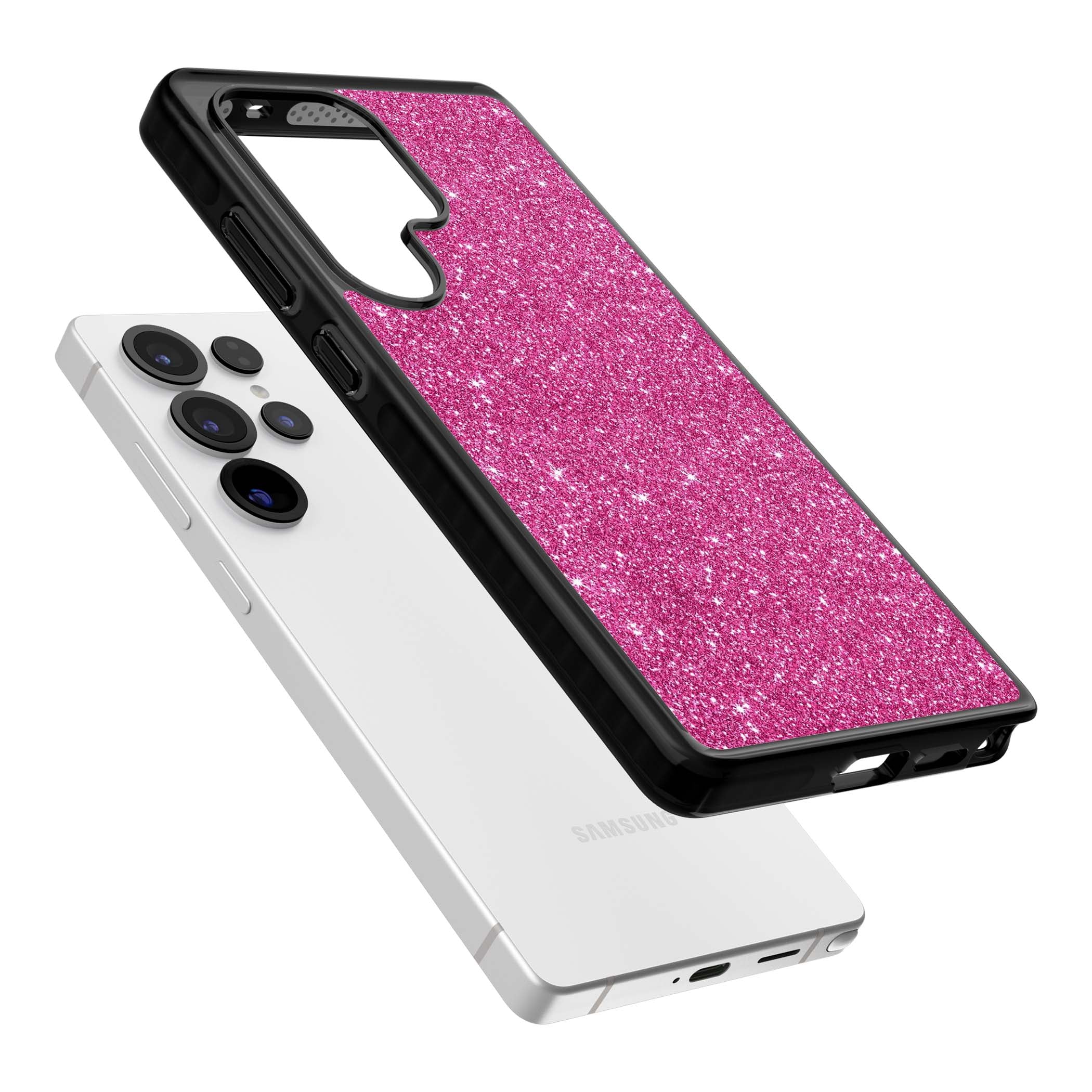 Pink Glitter Y2K iPhone case featuring hot pink glitter wallpaper with sparkle shimmer effect | Black Impact case for Samsung Galaxy S25 Ultra