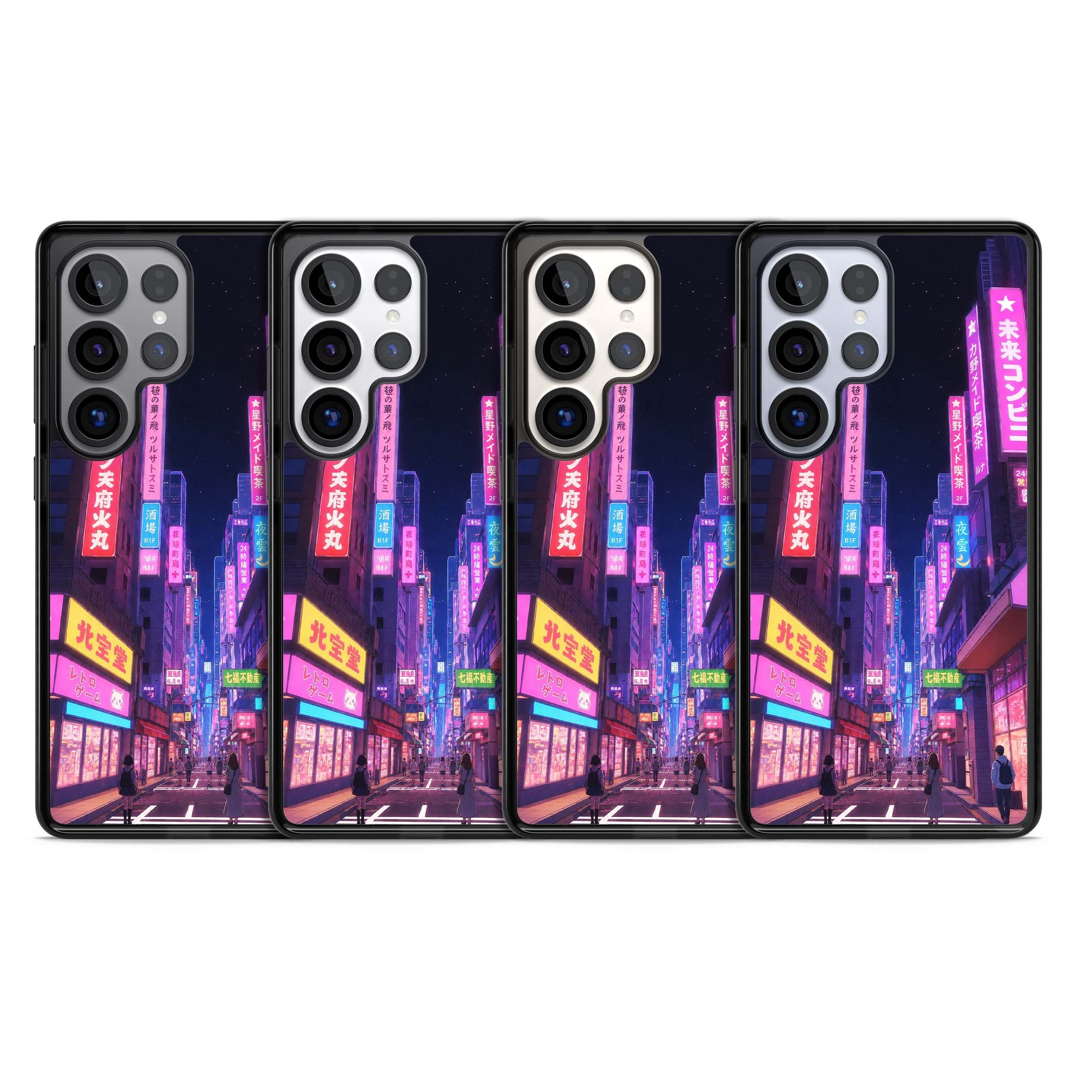 Shibuya At Night Japanese neon city iPhone case featuring glowing kanji signs, pink storefronts and a Tokyo street at n | Black Impact case for Samsung Galaxy S25 Ultra