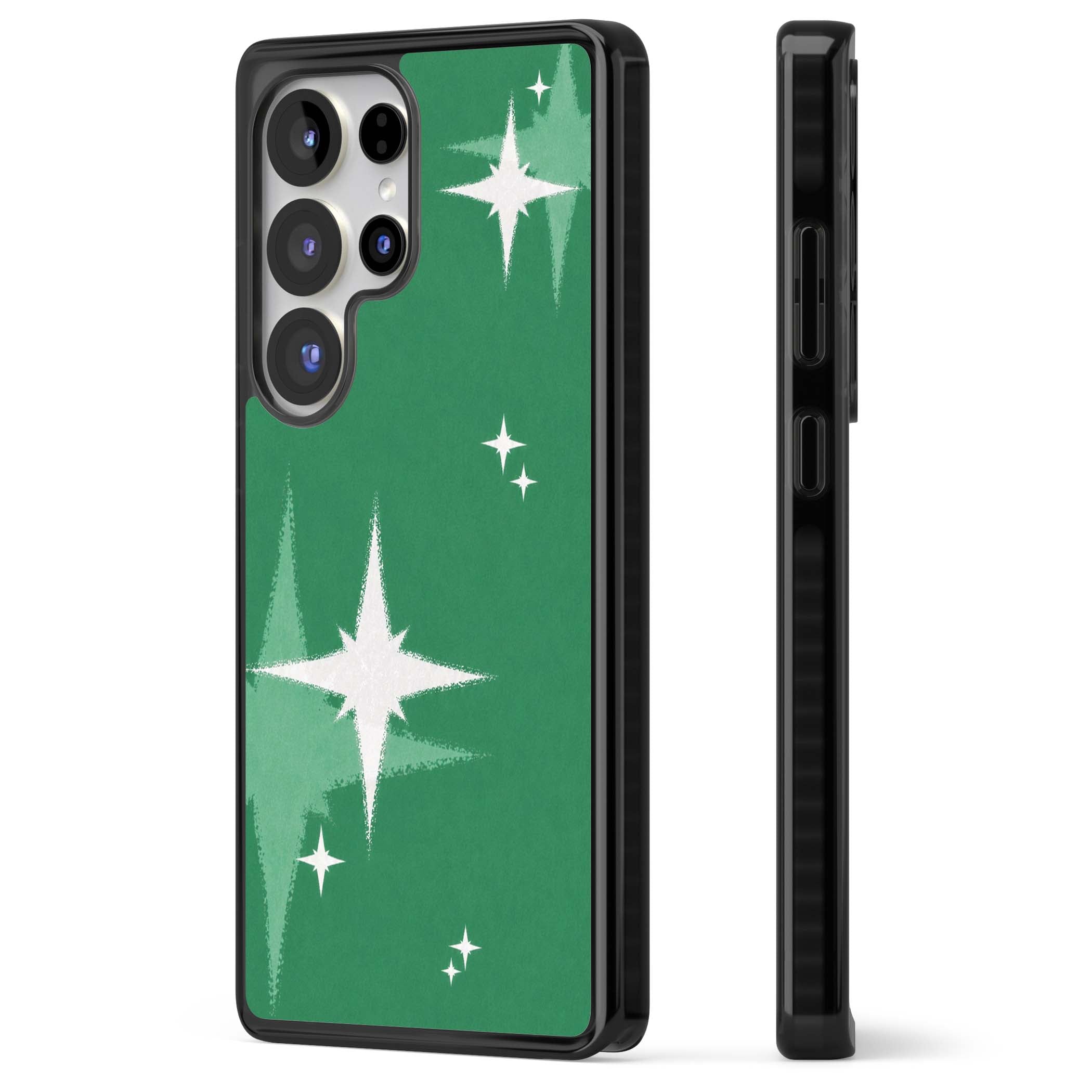 Green Sparkle celestial iPhone case featuring sparkling white four-point stars on a deep green background | Black Impact case for Samsung Galaxy S25 Ultra