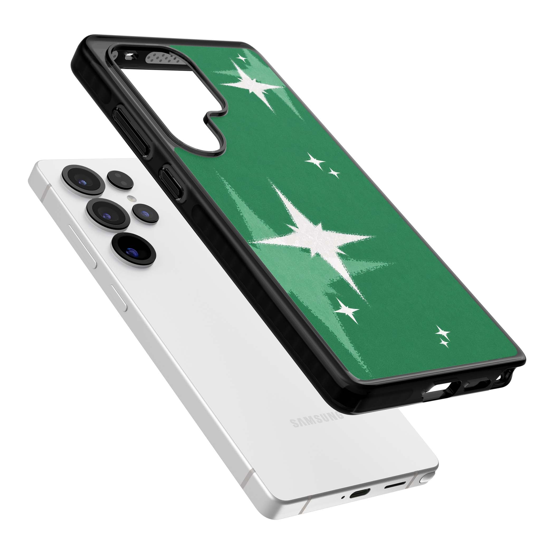 Green Sparkle celestial iPhone case featuring sparkling white four-point stars on a deep green background | Black Impact case for Samsung Galaxy S25 Ultra