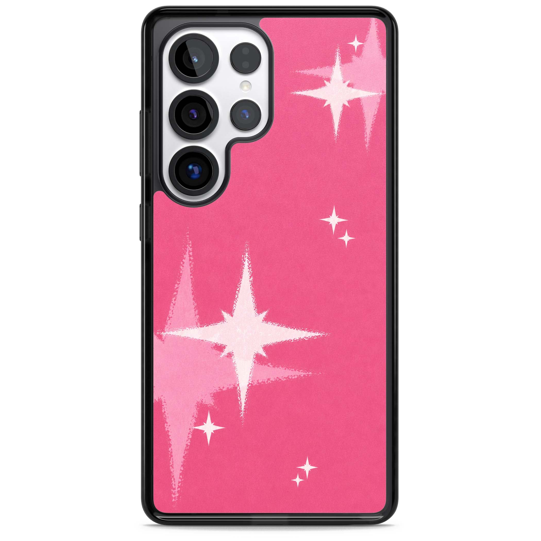 Pink Sparkle Y2K iPhone case featuring hot pink background with shimmering white starburst pattern | Black Impact case for Samsung Galaxy S25 Ultra