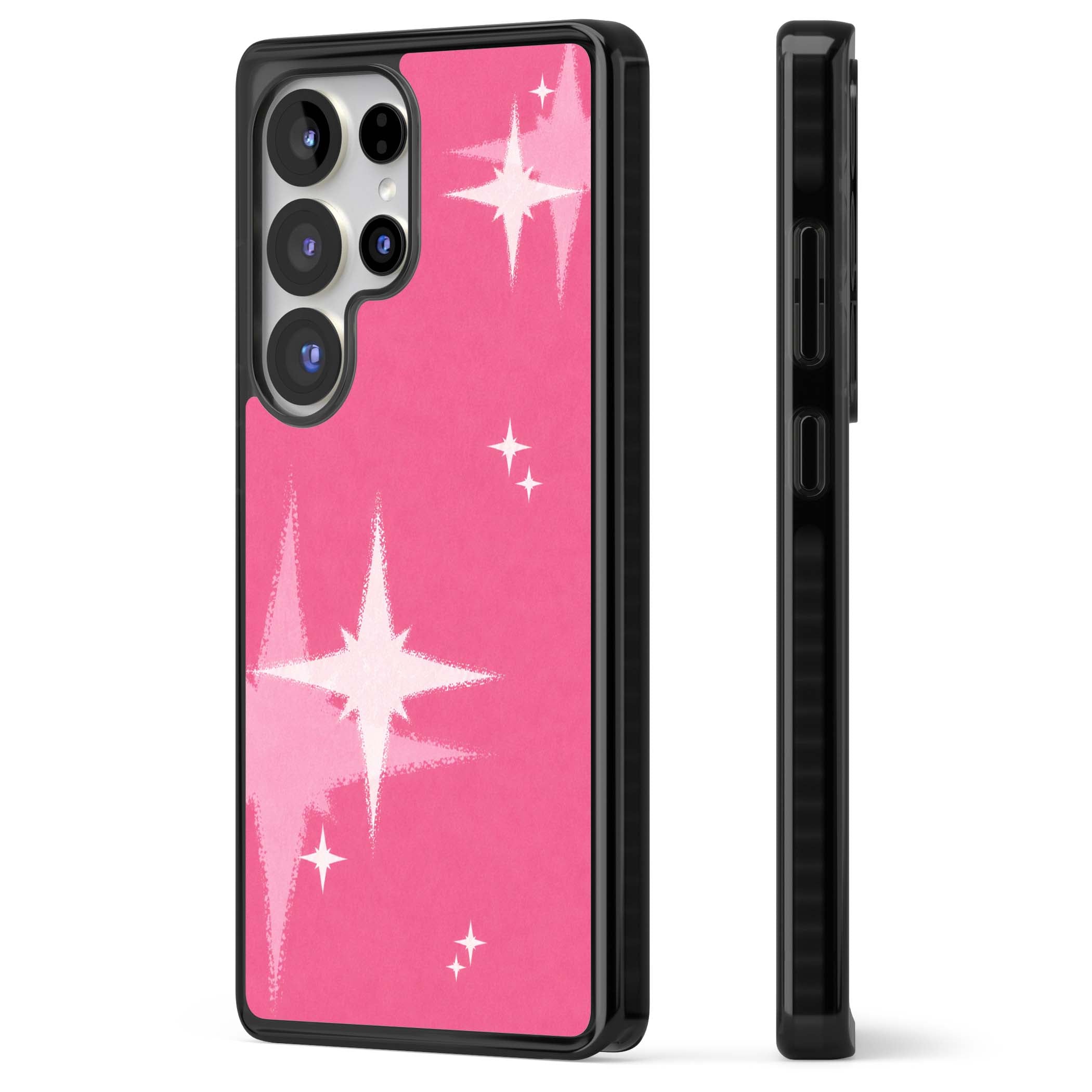 Pink Sparkle Y2K iPhone case featuring hot pink background with shimmering white starburst pattern | Black Impact case for Samsung Galaxy S25 Ultra