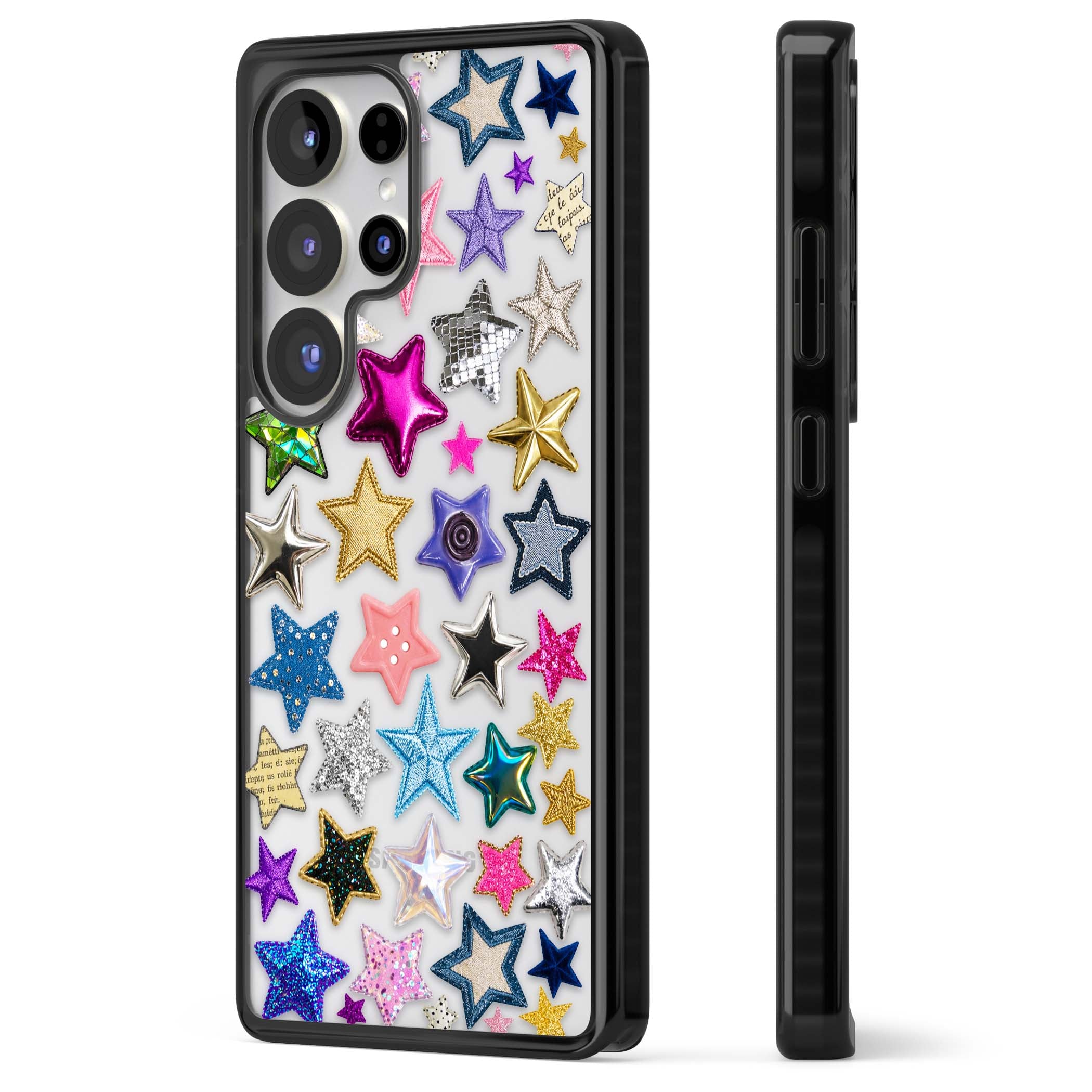 Crafty Star Mix Y2K iPhone case featuring embroidered, sequinned and glitter star patches in rainbow colours | Black Impact case for Samsung Galaxy S25 Ultra