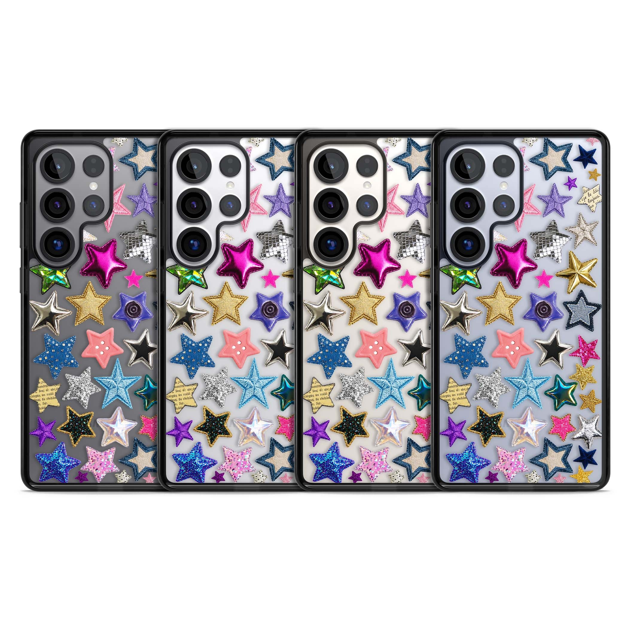 Crafty Star Mix Y2K iPhone case featuring embroidered, sequinned and glitter star patches in rainbow colours | Black Impact case for Samsung Galaxy S25 Ultra