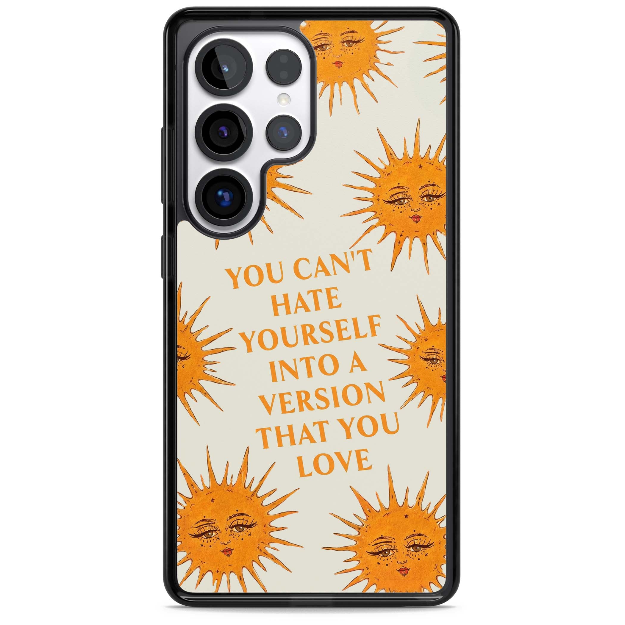 Don't Hate Yourself celestial iPhone case featuring vintage sun faces, ochre rays and a self-love quote | Black Impact case for Samsung Galaxy S25 Ultra